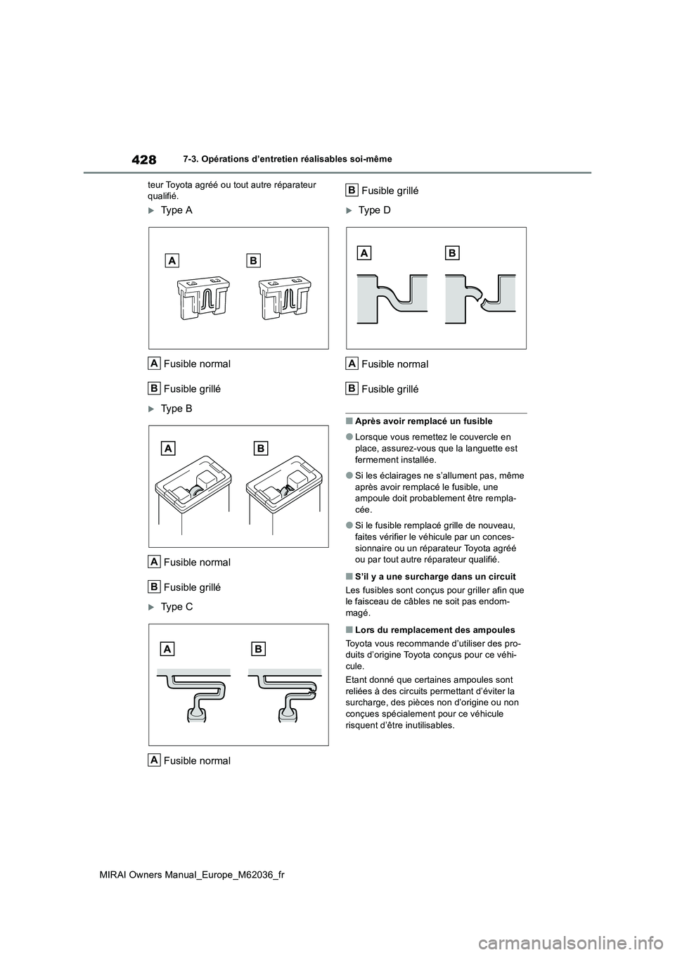 TOYOTA MIRAI 2020  Manuel du propriétaire (in French) 428
MIRAI Owners Manual_Europe_M62036_fr
7-3. Opérations d’entretien réalisables soi-même 
teur Toyota agréé ou tout autre réparateur  qualifié.
Ty p e A 
Fusible normal 
Fusible grillé
