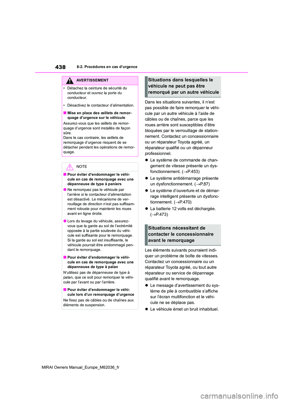 TOYOTA MIRAI 2020  Manuel du propriétaire (in French) 438
MIRAI Owners Manual_Europe_M62036_fr
8-2. Procédures en cas d’urgence
Dans les situations suivantes, il n’est  
pas possible de faire remorquer le véhi-
cule par un autre véhicule à l’ai