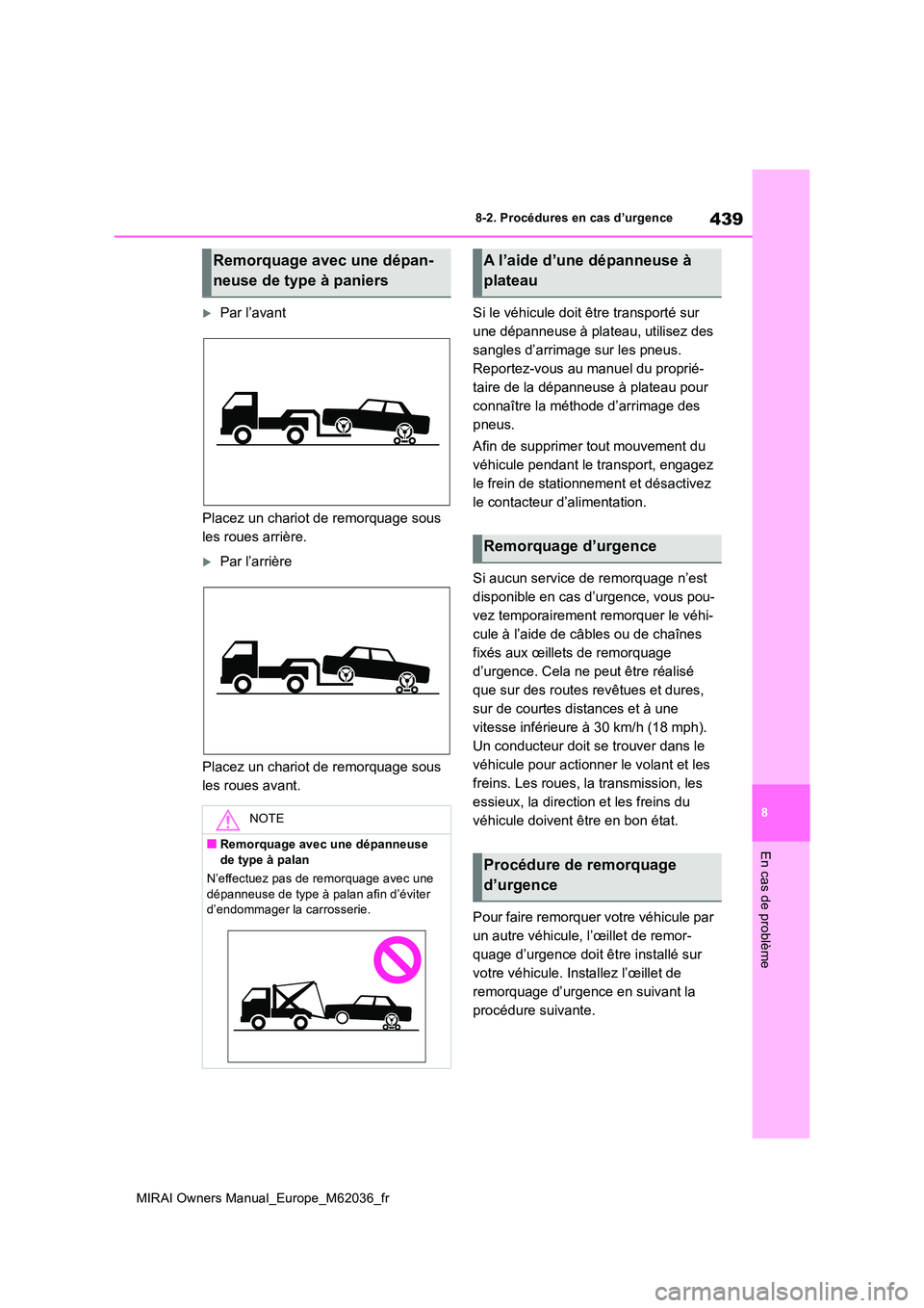 TOYOTA MIRAI 2020  Manuel du propriétaire (in French) 439
8
MIRAI Owners Manual_Europe_M62036_fr
8-2. Procédures en cas d’urgence
En cas de problème
Par l’avant 
Placez un chariot de remorquage sous  
les roues arrière.
Par l’arrière 
Pla