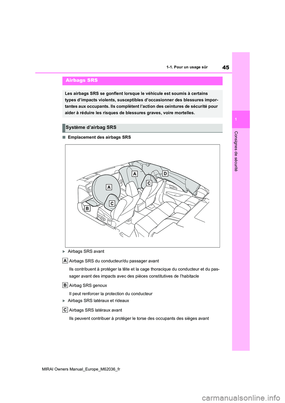 TOYOTA MIRAI 2020  Manuel du propriétaire (in French) 45
1
MIRAI Owners Manual_Europe_M62036_fr
1-1. Pour un usage sûr
Consignes de sécurité
■Emplacement des airbags SRS
Airbags SRS avant 
Airbags SRS du conducteur/du passager avant 
Ils contribu