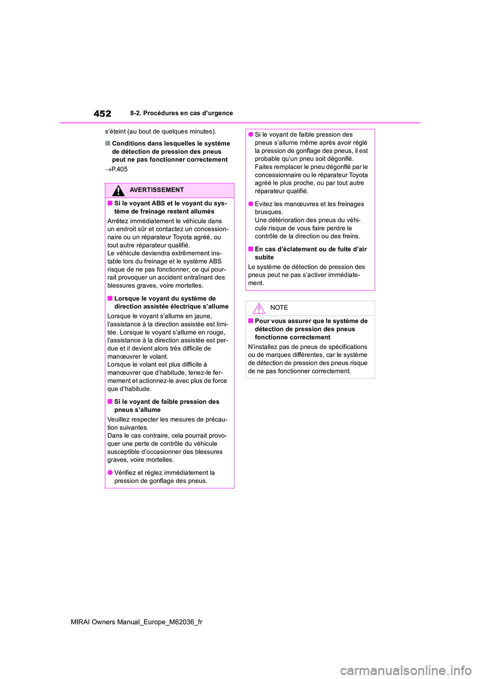 TOYOTA MIRAI 2020 Manuel du propriétaire (in French) 452
MIRAI Owners Manual_Europe_M62036_fr
8-2. Procédures en cas d’urgence
s’éteint (au bout de quelques minutes).
■Conditions dans lesquelles le système de détection de pression des pneus TOYOTA MIRAI 2020 Manuel du propriétaire (in French) 452
MIRAI Owners Manual_Europe_M62036_fr
8-2. Procédures en cas d’urgence
s’éteint (au bout de quelques minutes).
■Conditions dans lesquelles le système de détection de pression des pneus