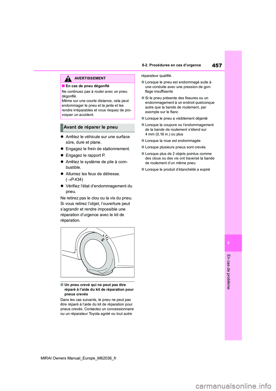 TOYOTA MIRAI 2020 Manuel du propriétaire (in French) 457
8
MIRAI Owners Manual_Europe_M62036_fr
8-2. Procédures en cas d’urgence
En cas de problème
Arrêtez le véhicule sur une surface
sûre, dure et plane.
Engagez le frein de stationneme TOYOTA MIRAI 2020 Manuel du propriétaire (in French) 457
8
MIRAI Owners Manual_Europe_M62036_fr
8-2. Procédures en cas d’urgence
En cas de problème
Arrêtez le véhicule sur une surface
sûre, dure et plane.
Engagez le frein de stationneme