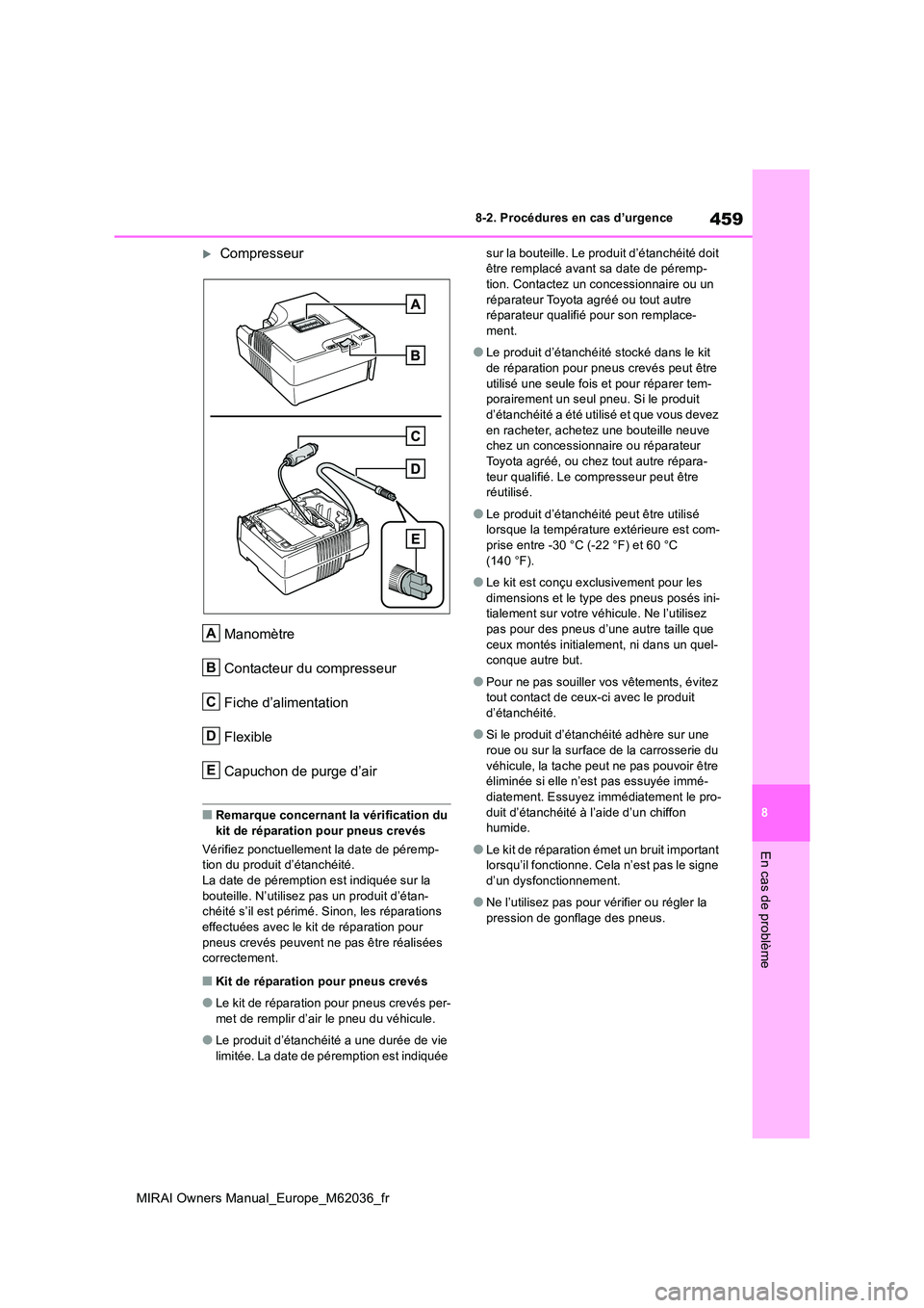 TOYOTA MIRAI 2020 Manuel du propriétaire (in French) 459
8
MIRAI Owners Manual_Europe_M62036_fr
8-2. Procédures en cas d’urgence
En cas de problème
Compresseur
Manomètre
Contacteur du compresseur
Fiche d’alimentation
Flexible
Capuchon de pur TOYOTA MIRAI 2020 Manuel du propriétaire (in French) 459
8
MIRAI Owners Manual_Europe_M62036_fr
8-2. Procédures en cas d’urgence
En cas de problème
Compresseur
Manomètre
Contacteur du compresseur
Fiche d’alimentation
Flexible
Capuchon de pur