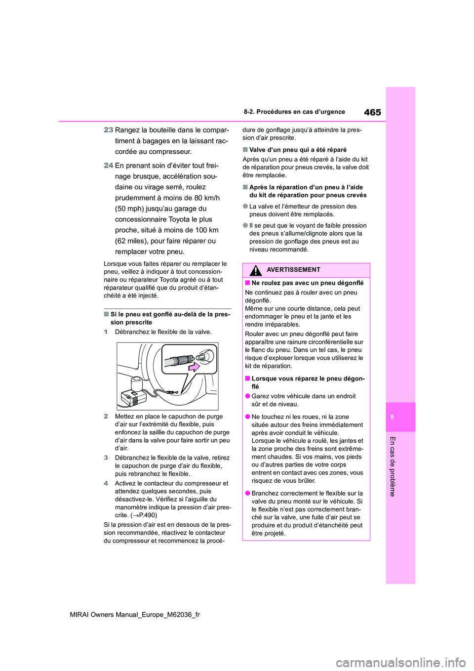 TOYOTA MIRAI 2020  Manuel du propriétaire (in French) 465
8
MIRAI Owners Manual_Europe_M62036_fr
8-2. Procédures en cas d’urgence
En cas de problème
23Rangez la bouteille dans le compar- 
timent à bagages en la laissant rac- 
cordée au compresseur.
