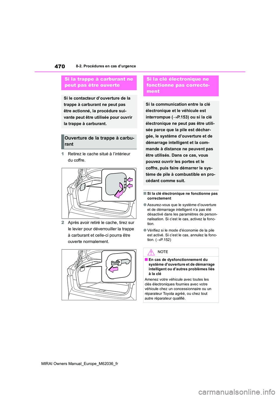 TOYOTA MIRAI 2020  Manuel du propriétaire (in French) 470
MIRAI Owners Manual_Europe_M62036_fr
8-2. Procédures en cas d’urgence
1Retirez le cache situé à l’intérieur  
du coffre. 
2 Après avoir retiré le cache, tirez sur  
le levier pour déver