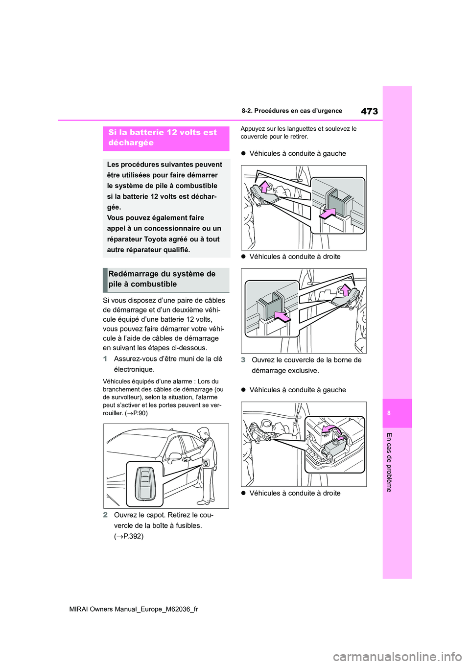 TOYOTA MIRAI 2020 Manuel du propriétaire (in French) 473
8
MIRAI Owners Manual_Europe_M62036_fr
8-2. Procédures en cas d’urgence
En cas de problème
Si vous disposez d’une paire de câbles
de démarrage et d’un deuxième véhi-
cule équipé d TOYOTA MIRAI 2020 Manuel du propriétaire (in French) 473
8
MIRAI Owners Manual_Europe_M62036_fr
8-2. Procédures en cas d’urgence
En cas de problème
Si vous disposez d’une paire de câbles
de démarrage et d’un deuxième véhi-
cule équipé d