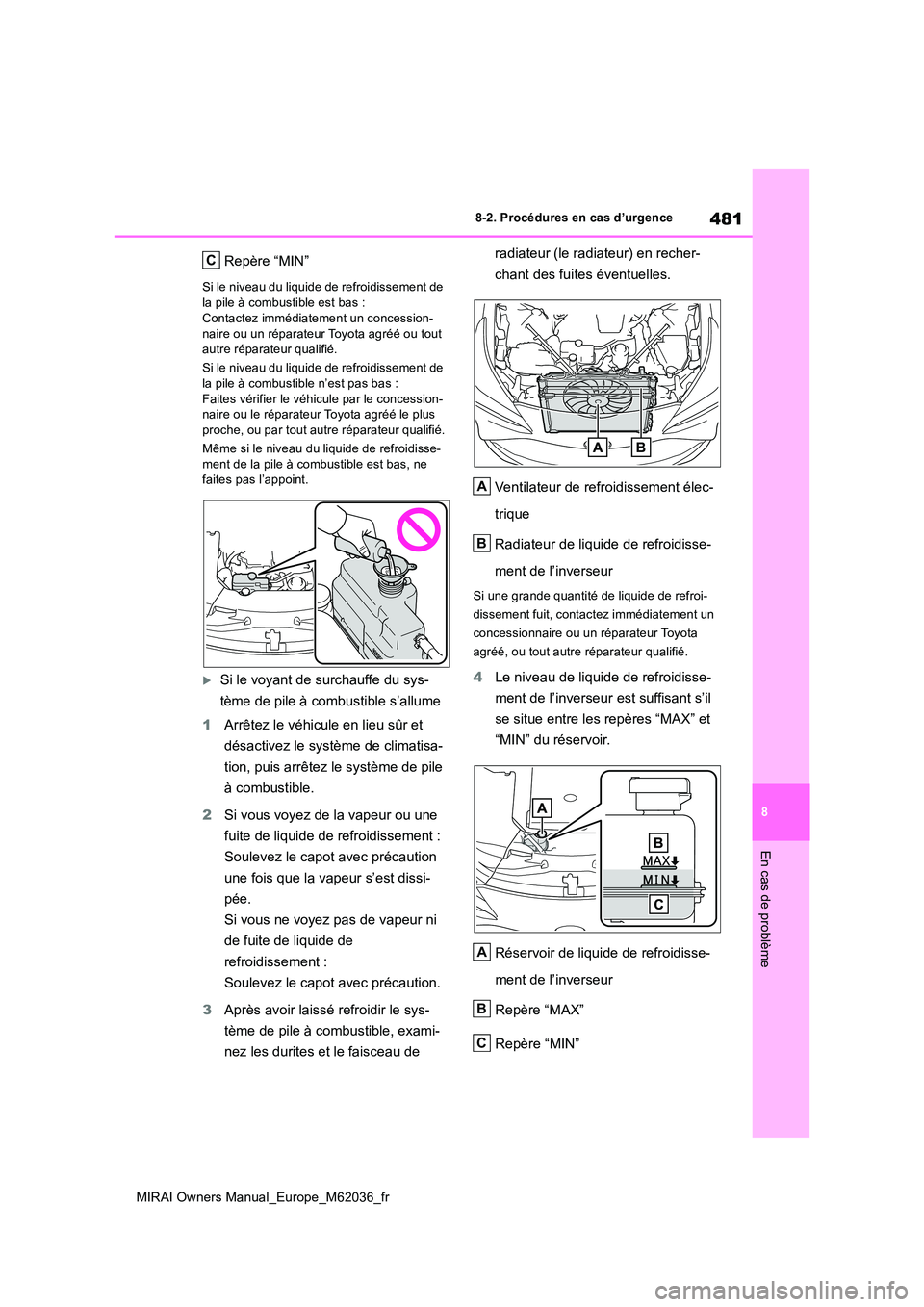 TOYOTA MIRAI 2020  Manuel du propriétaire (in French) 481
8
MIRAI Owners Manual_Europe_M62036_fr
8-2. Procédures en cas d’urgence
En cas de problème
Repère “MIN”
Si le niveau du liquide de refroidissement de  
la pile à combustible est bas : Co