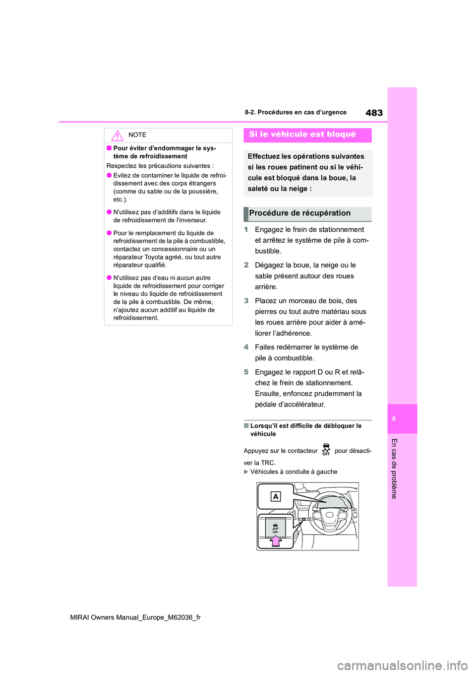 TOYOTA MIRAI 2020  Manuel du propriétaire (in French) 483
8
MIRAI Owners Manual_Europe_M62036_fr
8-2. Procédures en cas d’urgence
En cas de problème
1Engagez le frein de stationnement  
et arrêtez le système de pile à com- 
bustible. 
2 Dégagez l