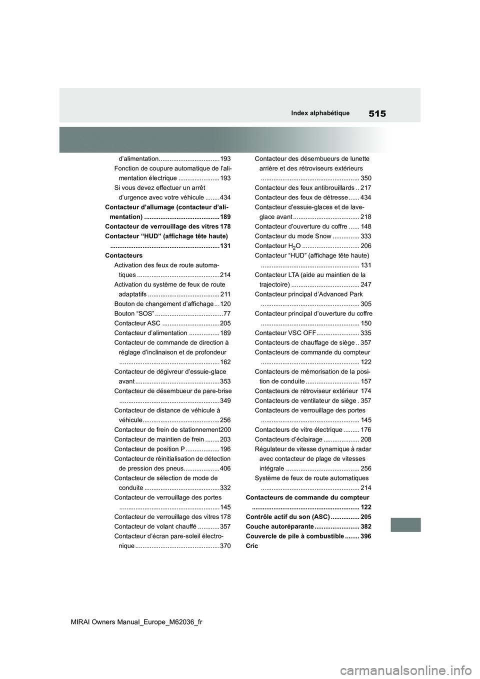 TOYOTA MIRAI 2020  Manuel du propriétaire (in French) 515
MIRAI Owners Manual_Europe_M62036_fr
Index alphabétique
d’alimentation..................................193 
Fonction de coupure automatique de l’ali-
mentation électrique ..................