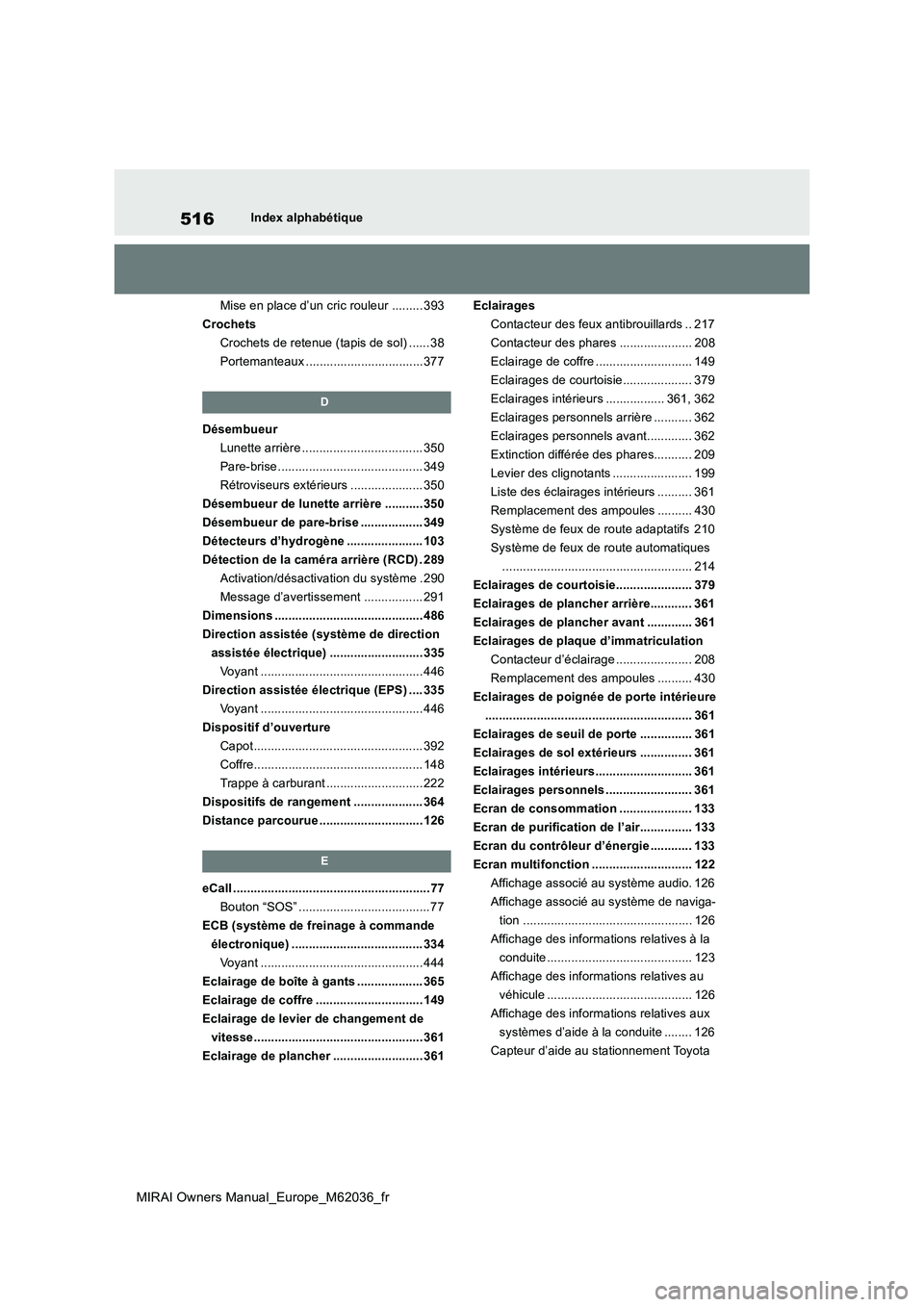 TOYOTA MIRAI 2020  Manuel du propriétaire (in French) 516
MIRAI Owners Manual_Europe_M62036_fr
Index alphabétique 
Mise en place d’un cric rouleur ......... 393 
Crochets
Crochets de retenue (tapis de sol) ...... 38
Portemanteaux .....................