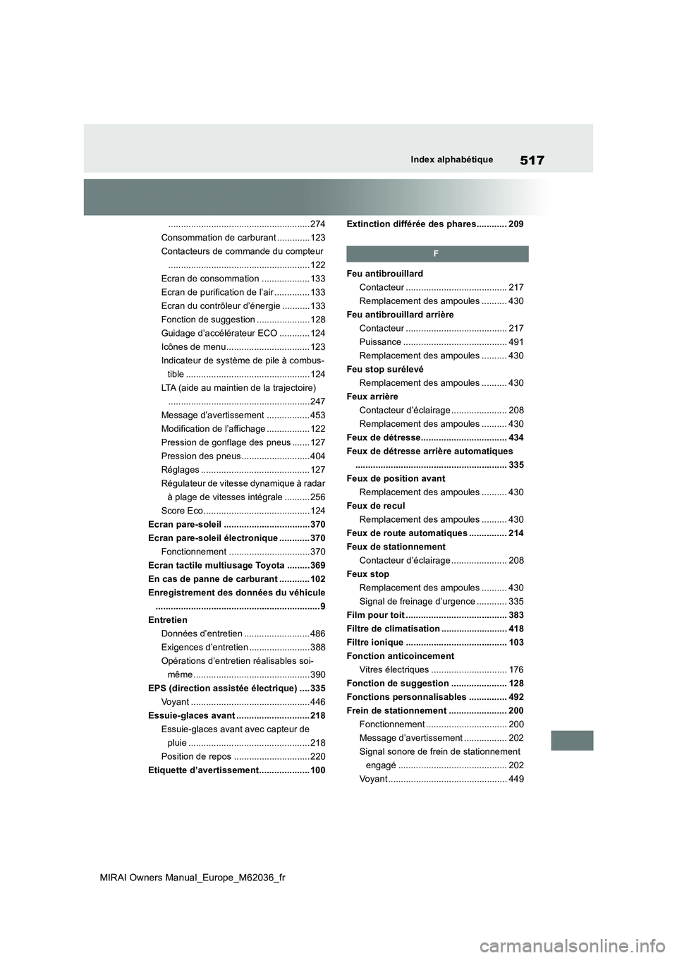 TOYOTA MIRAI 2020  Manuel du propriétaire (in French) 517
MIRAI Owners Manual_Europe_M62036_fr
Index alphabétique
........................................................ 274
Consommation de carburant ............. 123
Contacteurs de commande du compteu