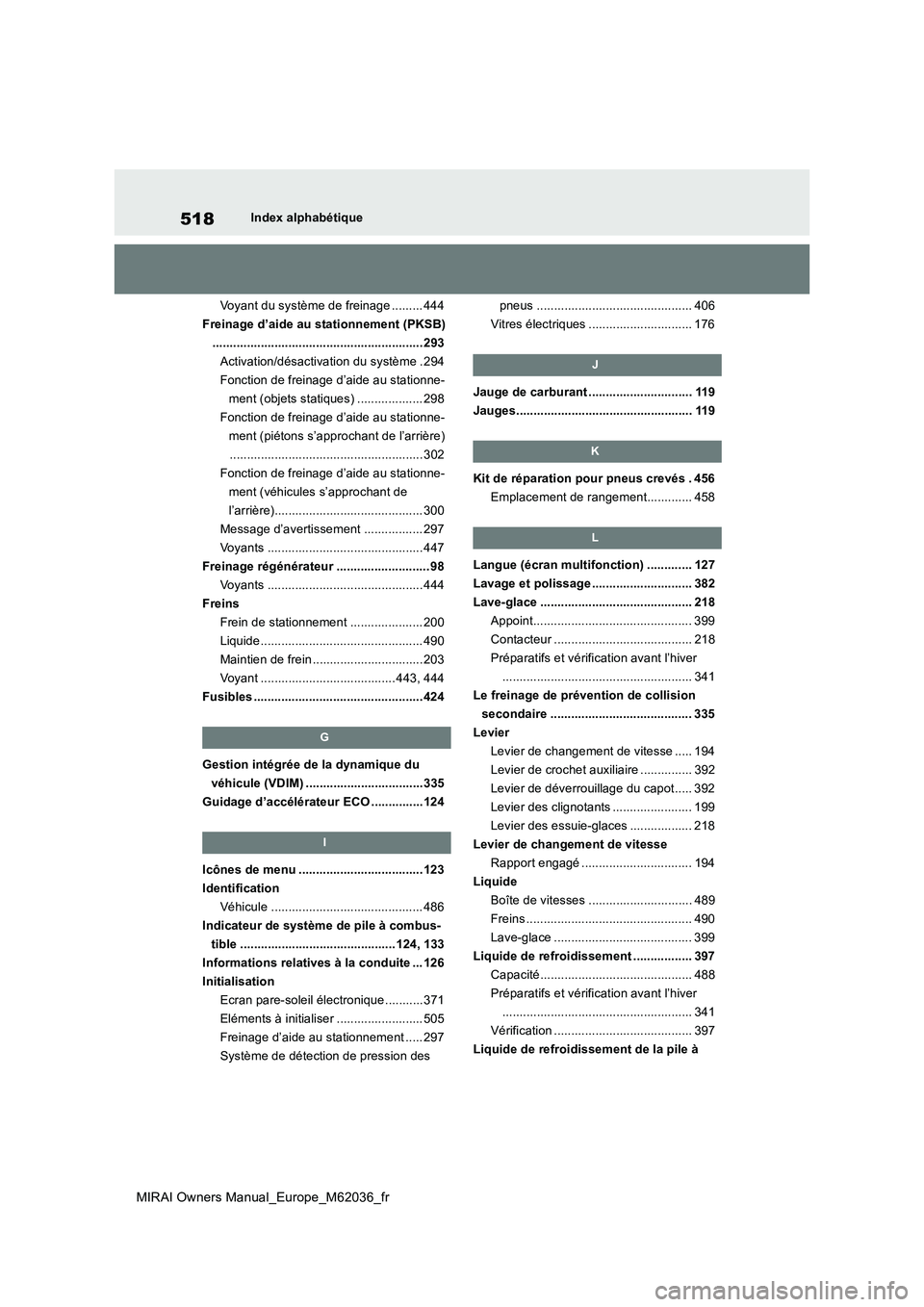 TOYOTA MIRAI 2020  Manuel du propriétaire (in French) 518
MIRAI Owners Manual_Europe_M62036_fr
Index alphabétique 
Voyant du système de freinage ......... 444 
Freinage d’aide au stationnement (PKSB)
..................................................