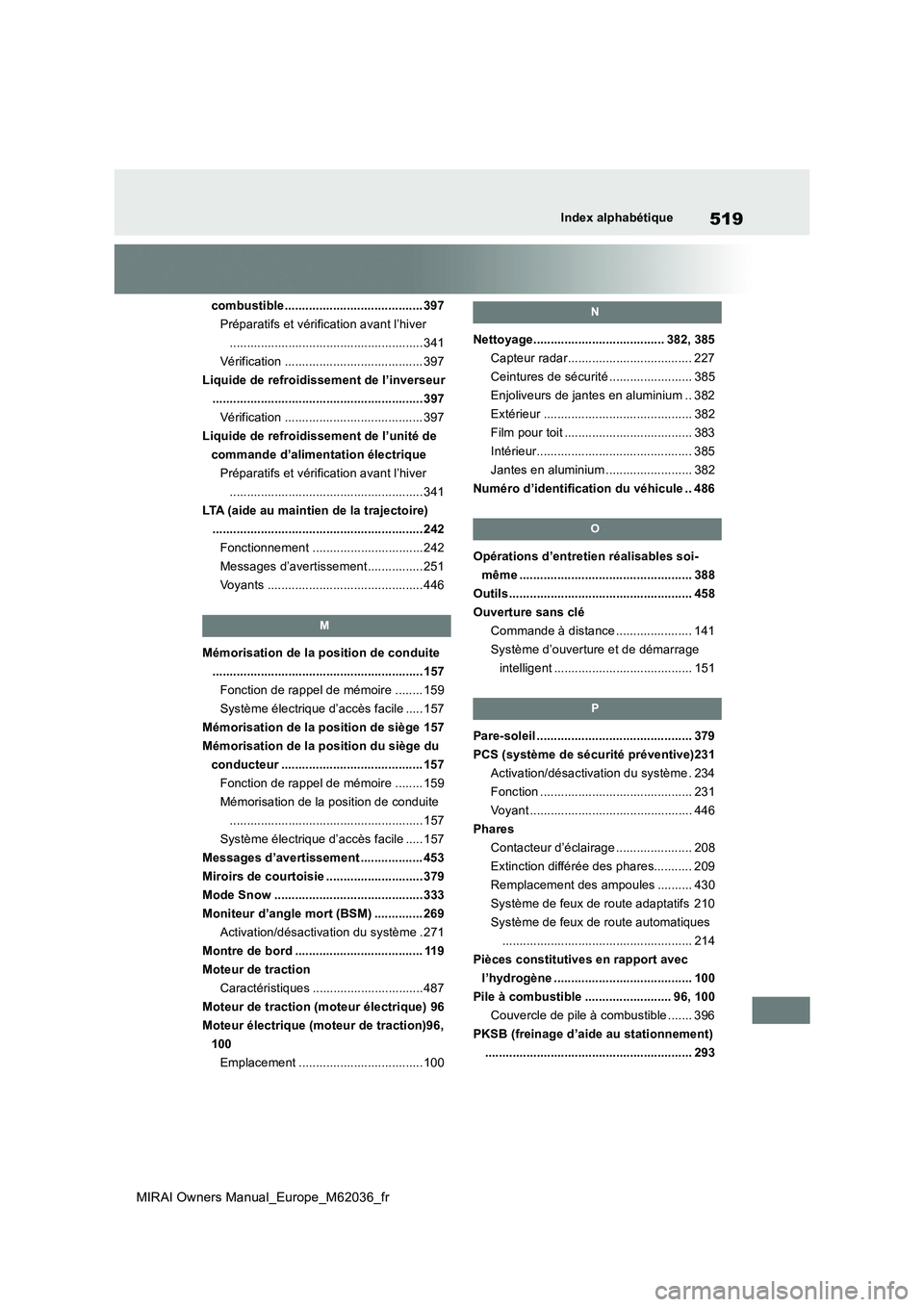 TOYOTA MIRAI 2020  Manuel du propriétaire (in French) 519
MIRAI Owners Manual_Europe_M62036_fr
Index alphabétique
combustible........................................ 397 
Préparatifs et vérification avant l’hiver
....................................