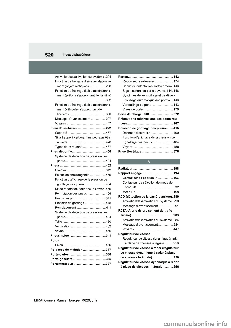 TOYOTA MIRAI 2020  Manuel du propriétaire (in French) 520
MIRAI Owners Manual_Europe_M62036_fr
Index alphabétique 
Activation/désactivation du système . 294 
Fonction de freinage d’aide au stationne-
ment (objets statiques) ................... 298
F