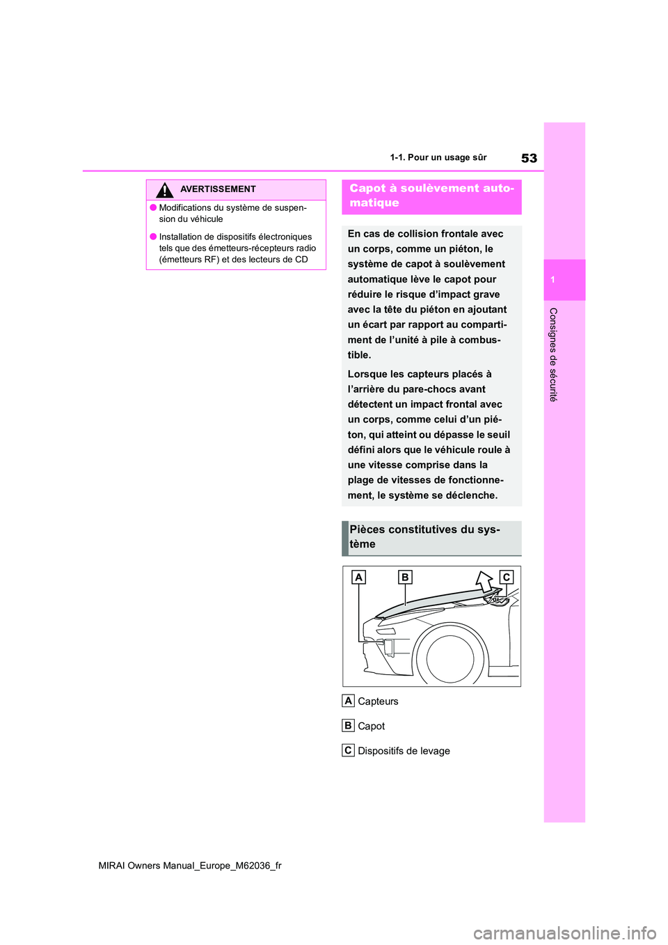 TOYOTA MIRAI 2020  Manuel du propriétaire (in French) 53
1
MIRAI Owners Manual_Europe_M62036_fr
1-1. Pour un usage sûr
Consignes de sécurité
Capteurs 
Capot
Dispositifs de levage
AVERTISSEMENT
●Modifications du système de suspen- 
sion du véhicule