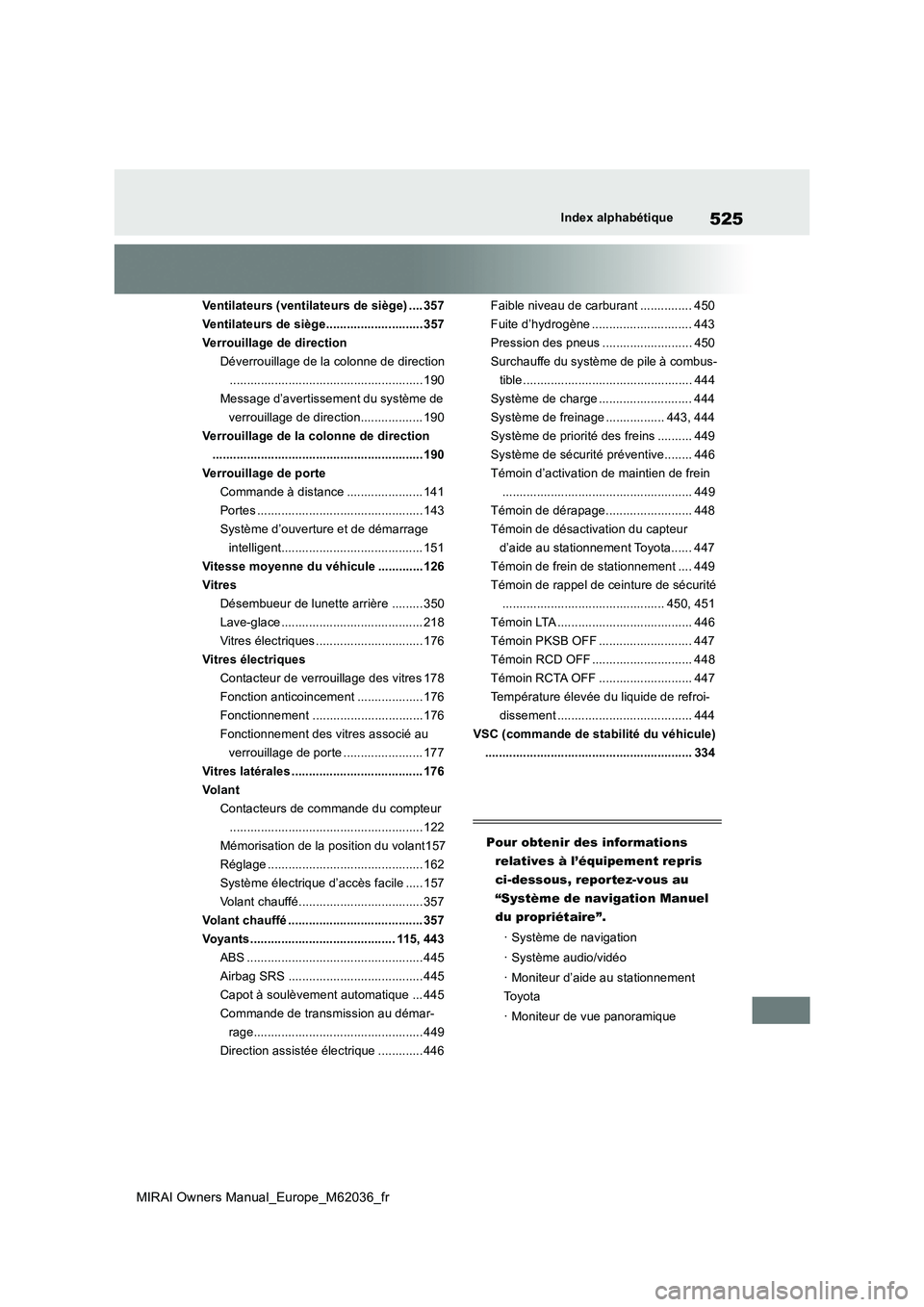 TOYOTA MIRAI 2020  Manuel du propriétaire (in French) 525
MIRAI Owners Manual_Europe_M62036_fr
Index alphabétique
Ventilateurs (ventilateurs de siège) .... 357 
Ventilateurs de siège............................ 357
Verrouillage de direction
Déverroui