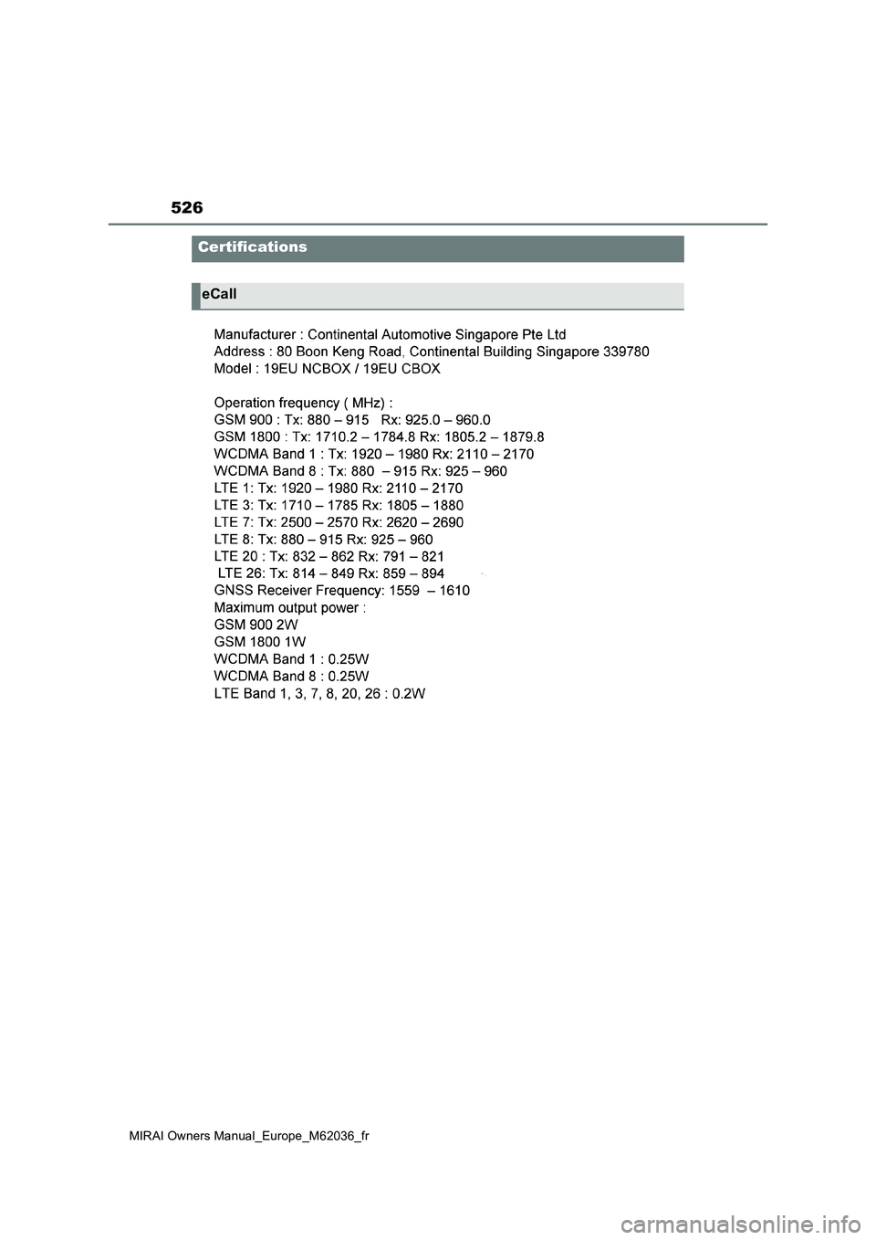 TOYOTA MIRAI 2020  Manuel du propriétaire (in French) 526
MIRAI Owners Manual_Europe_M62036_fr
Certifications
eCall 