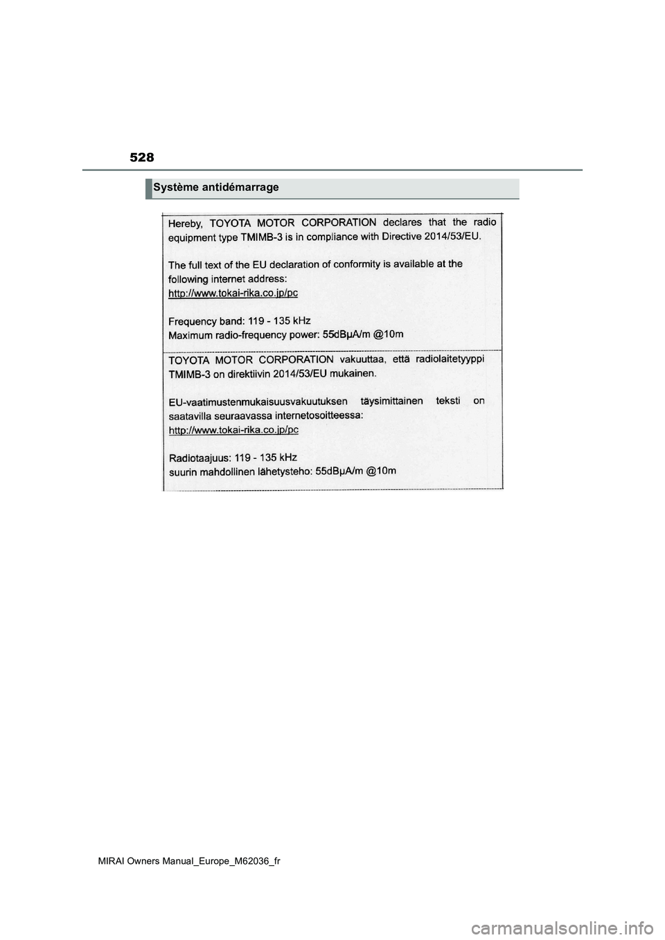 TOYOTA MIRAI 2020  Manuel du propriétaire (in French) 528
MIRAI Owners Manual_Europe_M62036_fr
Système antidémarrage 
