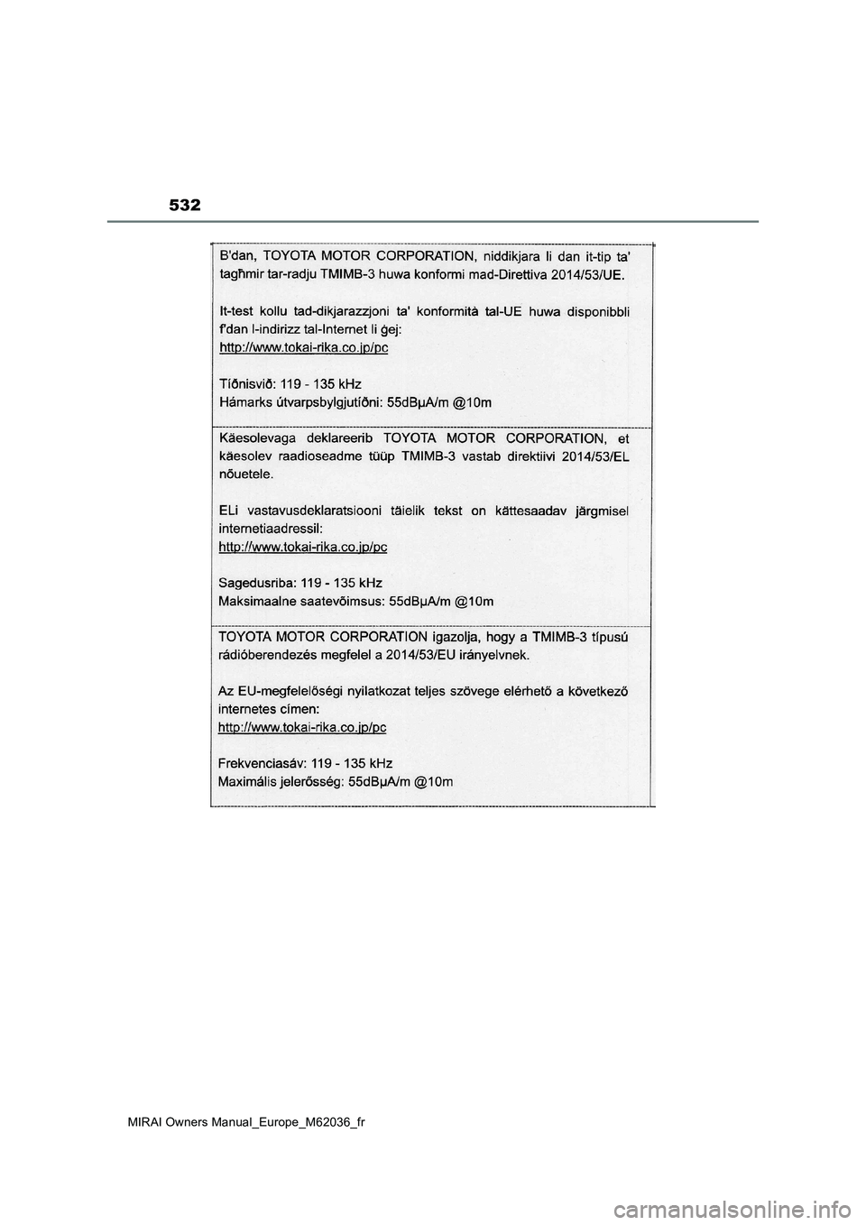 TOYOTA MIRAI 2020  Manuel du propriétaire (in French) 532
MIRAI Owners Manual_Europe_M62036_fr 