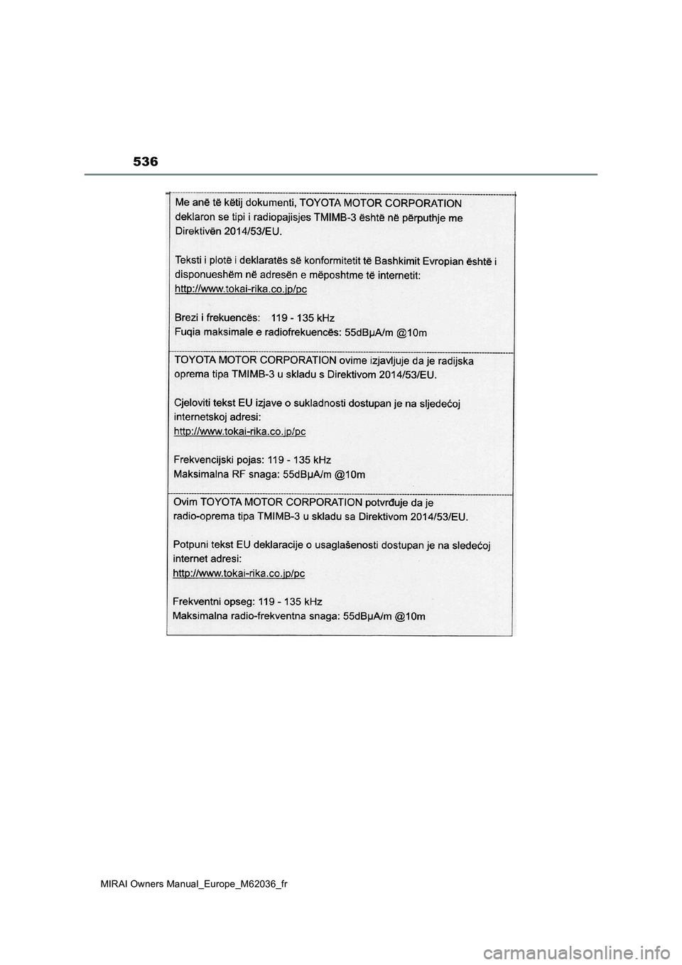 TOYOTA MIRAI 2020  Manuel du propriétaire (in French) 536
MIRAI Owners Manual_Europe_M62036_fr 