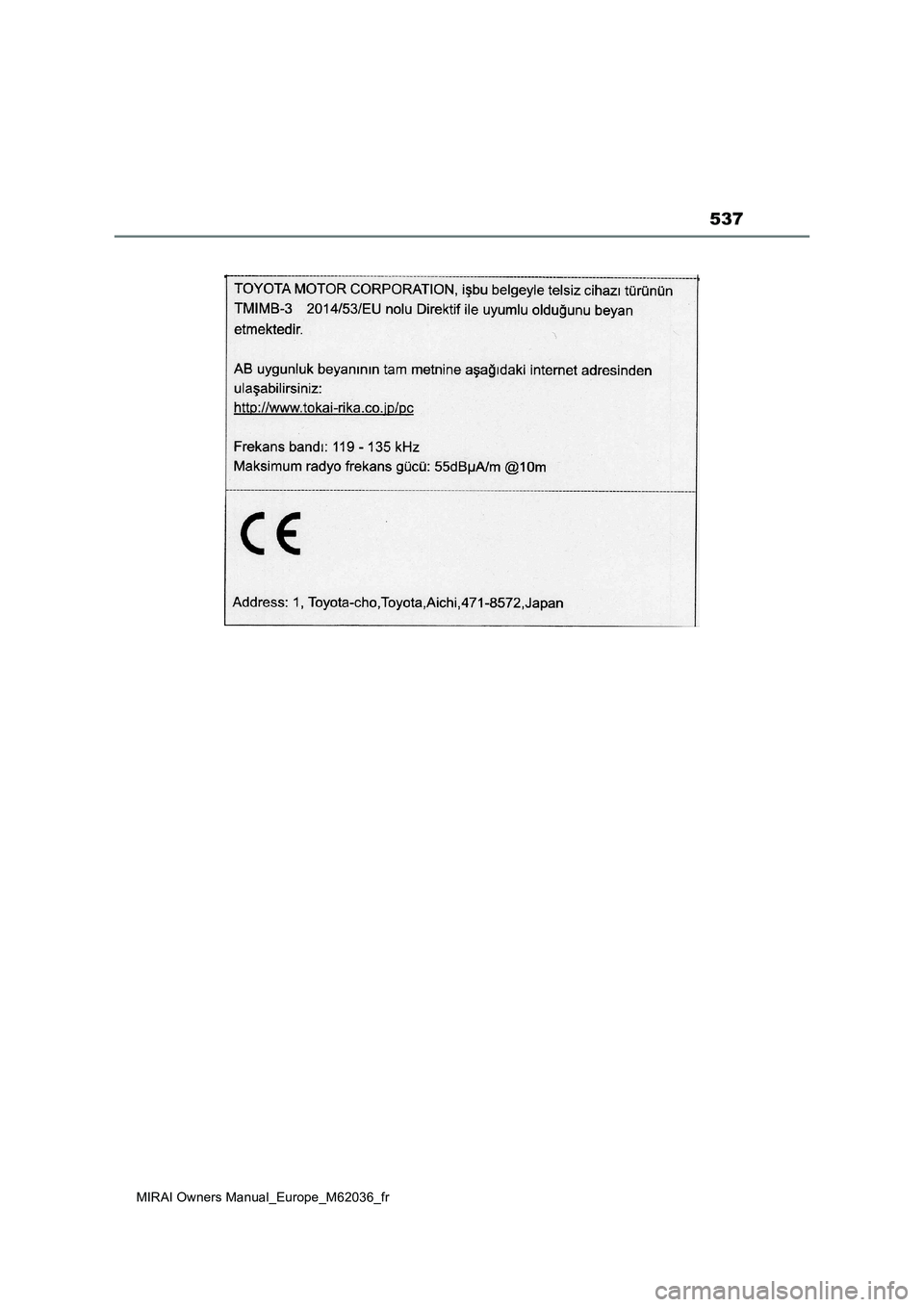 TOYOTA MIRAI 2020  Manuel du propriétaire (in French) 537
MIRAI Owners Manual_Europe_M62036_fr 