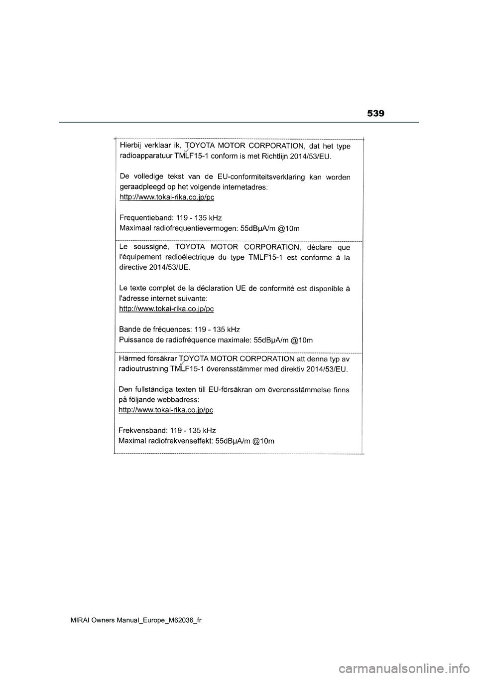 TOYOTA MIRAI 2020  Manuel du propriétaire (in French) 539
MIRAI Owners Manual_Europe_M62036_fr 