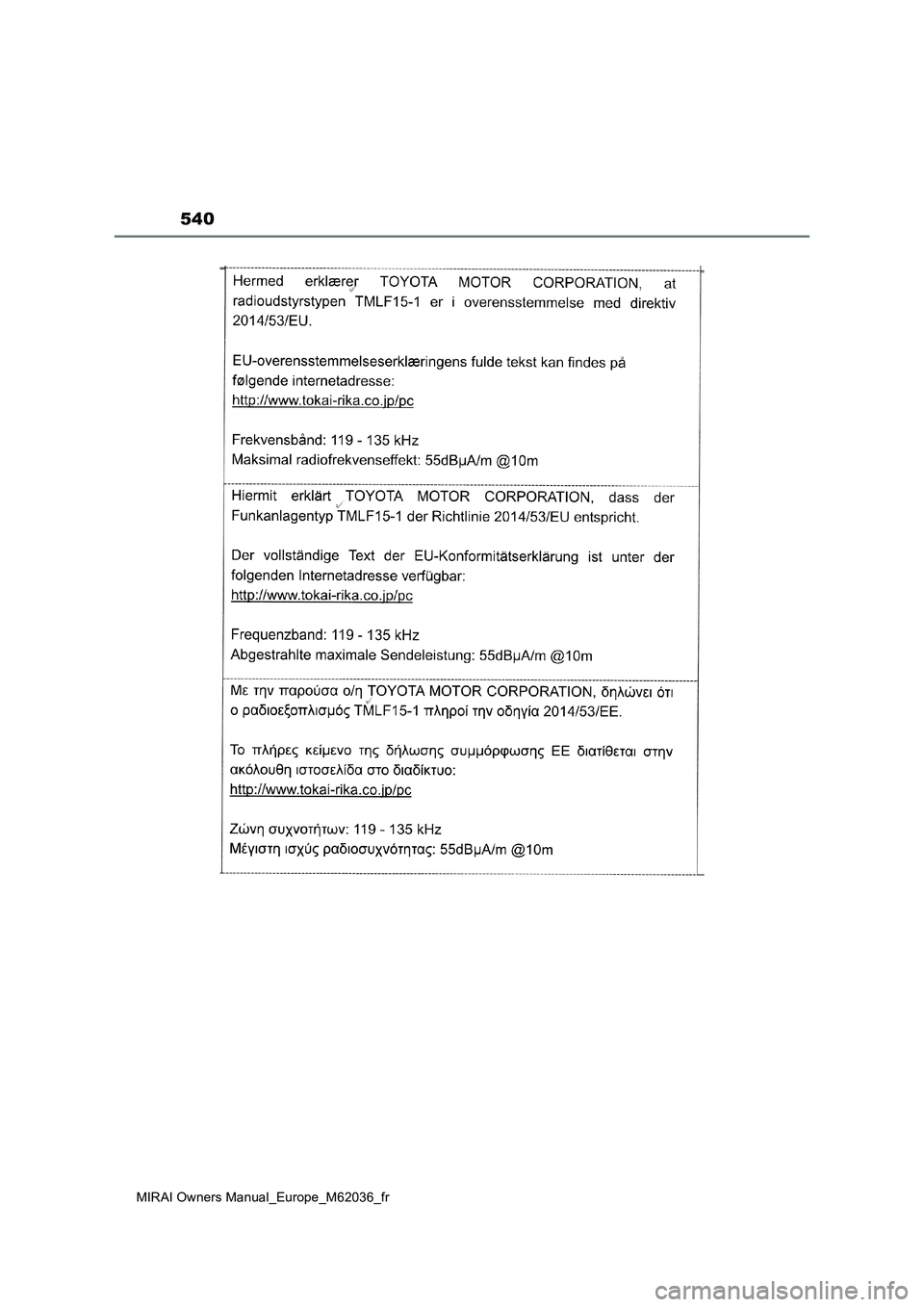 TOYOTA MIRAI 2020  Manuel du propriétaire (in French) 540
MIRAI Owners Manual_Europe_M62036_fr 