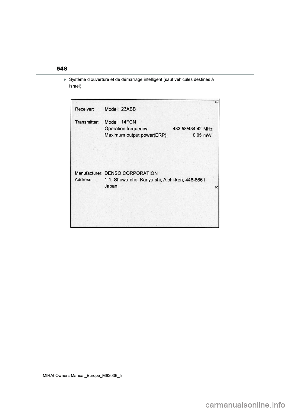 TOYOTA MIRAI 2020  Manuel du propriétaire (in French) 548
MIRAI Owners Manual_Europe_M62036_fr
Système d’ouverture et de démarrage intelligent (sauf véhicules destinés à  
Israël) 