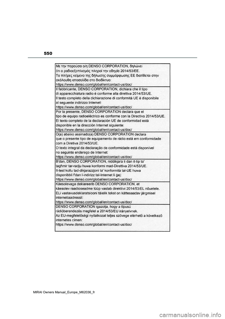TOYOTA MIRAI 2020  Manuel du propriétaire (in French) 550
MIRAI Owners Manual_Europe_M62036_fr 