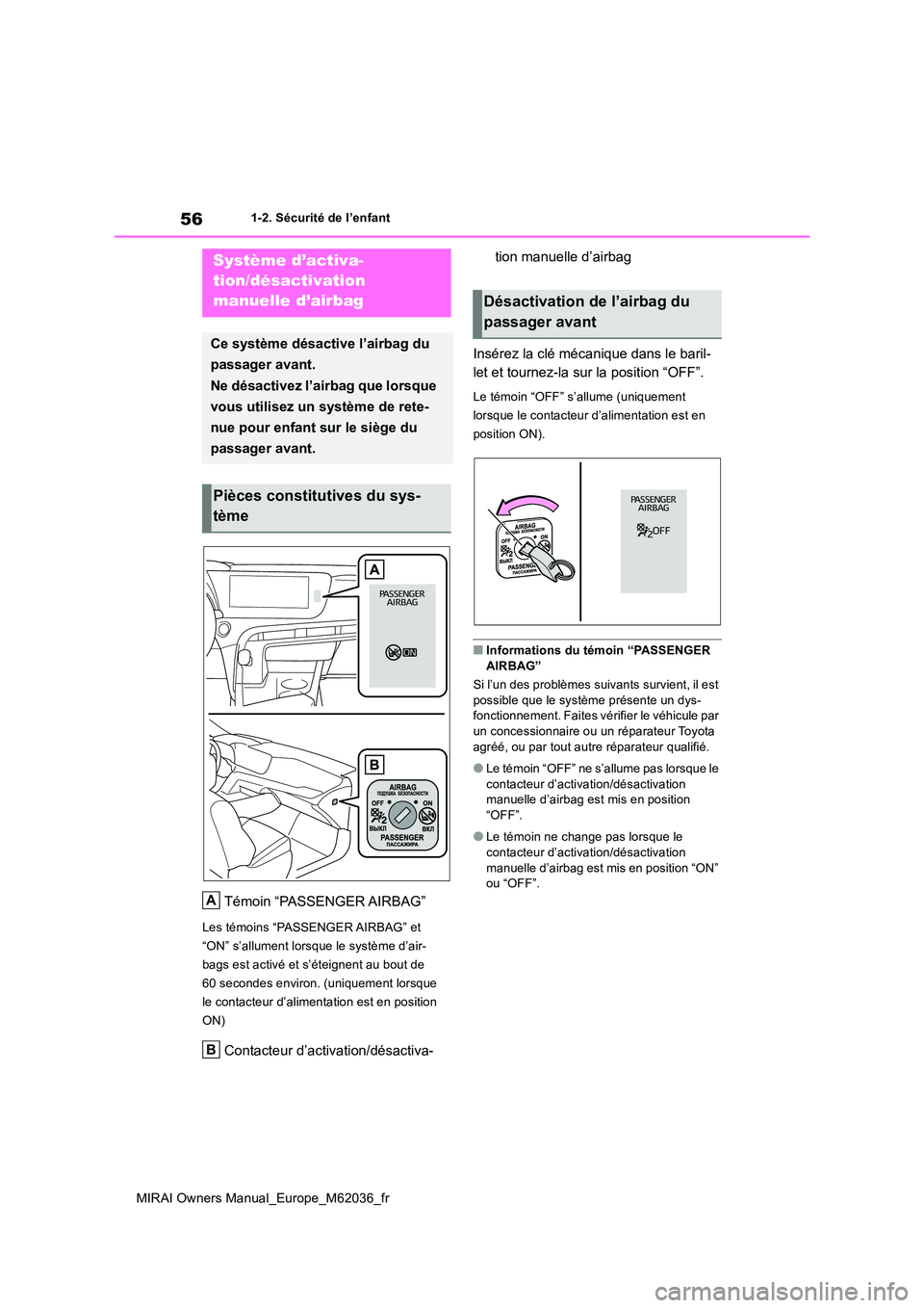 TOYOTA MIRAI 2020 Manuel du propriétaire (in French) 56
MIRAI Owners Manual_Europe_M62036_fr
1-2. Sécurité de l’enfant
1-2.Sécu rité de l’e nfa nt
Témoin “PASSENGER AIRBAG”
Les témoins “PASSENGER AIRBAG” et
“ON” s’allument lo TOYOTA MIRAI 2020 Manuel du propriétaire (in French) 56
MIRAI Owners Manual_Europe_M62036_fr
1-2. Sécurité de l’enfant
1-2.Sécu rité de l’e nfa nt
Témoin “PASSENGER AIRBAG”
Les témoins “PASSENGER AIRBAG” et
“ON” s’allument lo