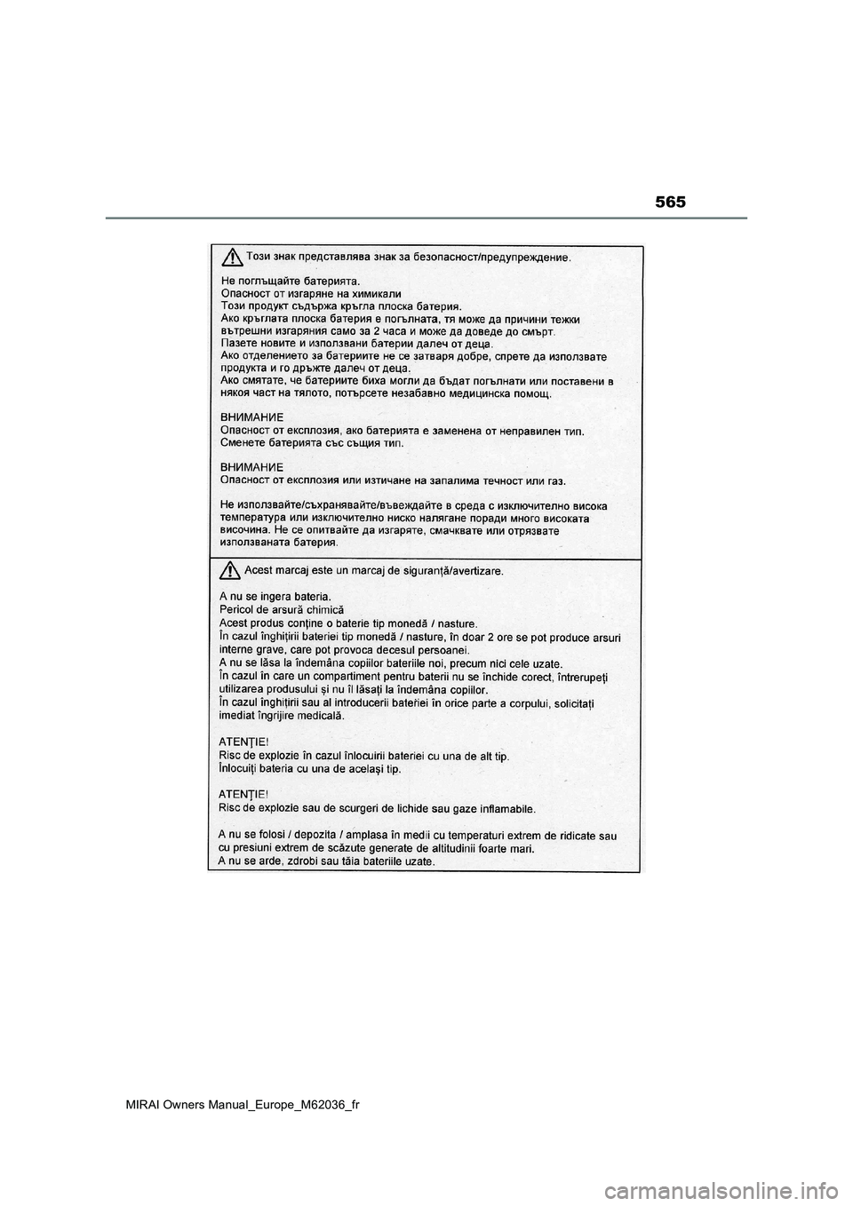 TOYOTA MIRAI 2020  Manuel du propriétaire (in French) 565
MIRAI Owners Manual_Europe_M62036_fr 