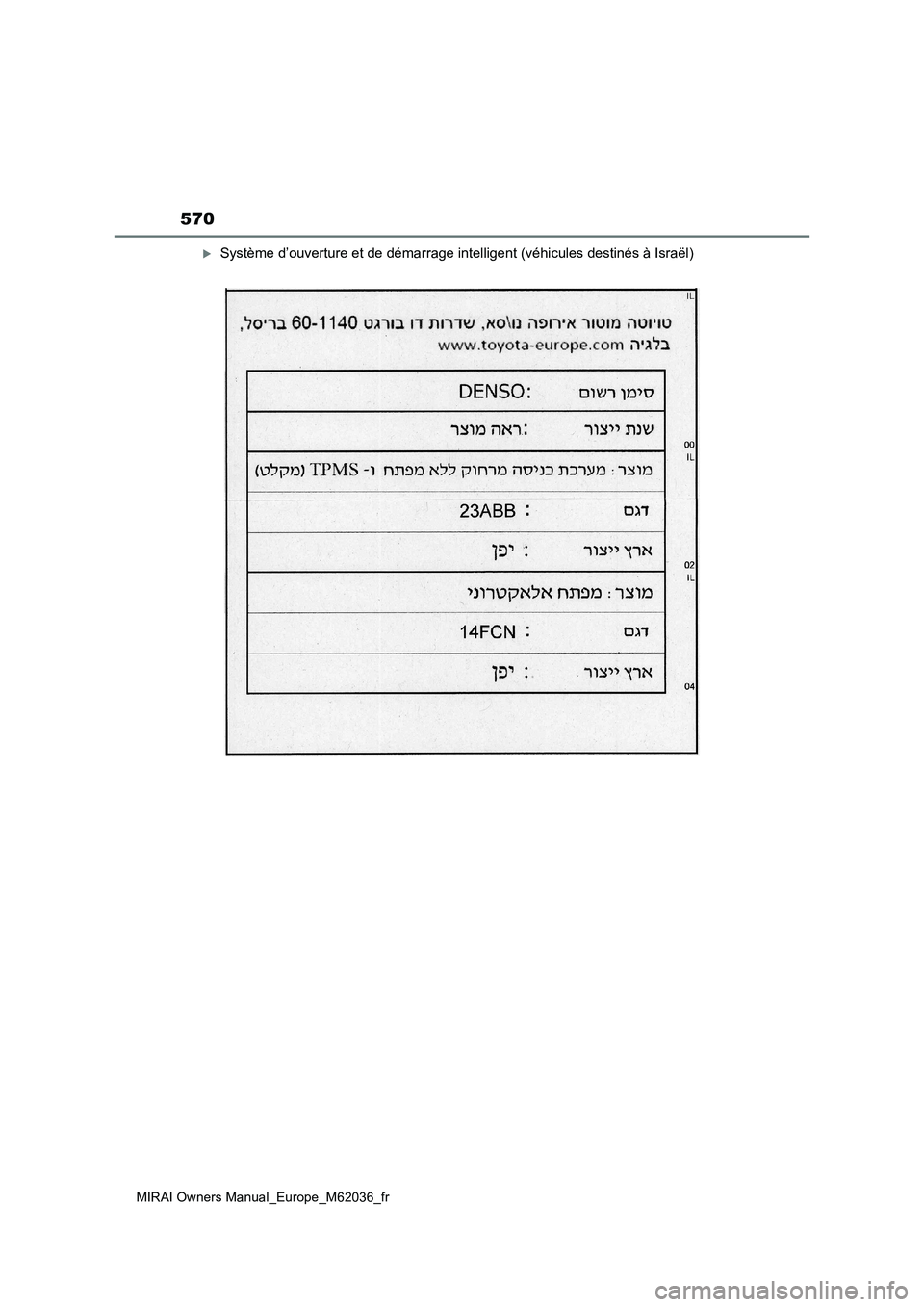 TOYOTA MIRAI 2020  Manuel du propriétaire (in French) 570
MIRAI Owners Manual_Europe_M62036_fr
Système d’ouverture et de démarrage intelligent (véhicules destinés à Israël) 