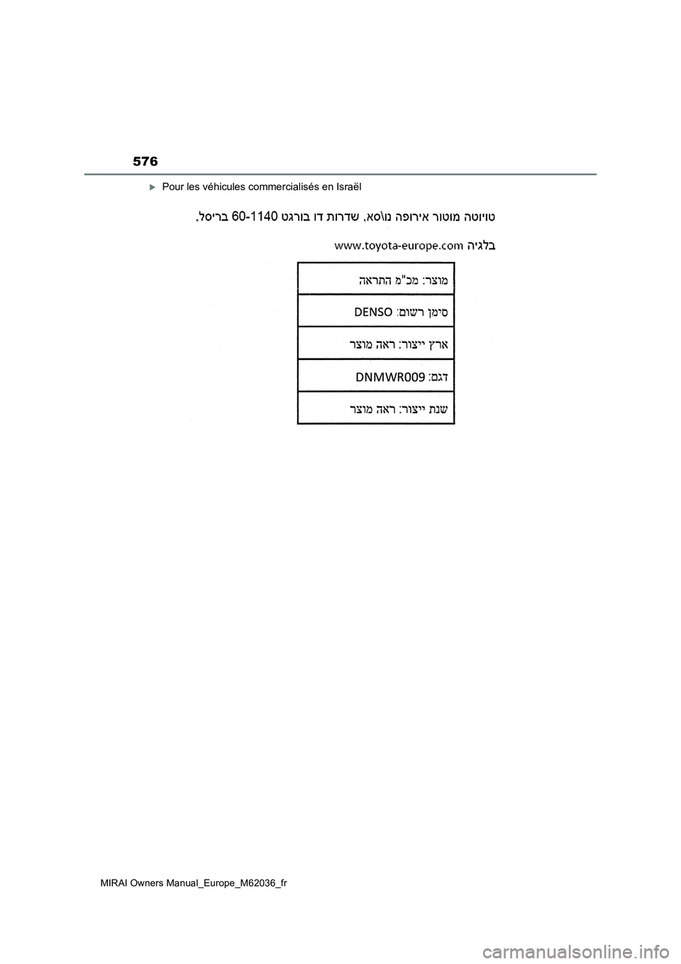 TOYOTA MIRAI 2020  Manuel du propriétaire (in French) 576
MIRAI Owners Manual_Europe_M62036_fr
Pour les véhicules commercialisés en Israël 