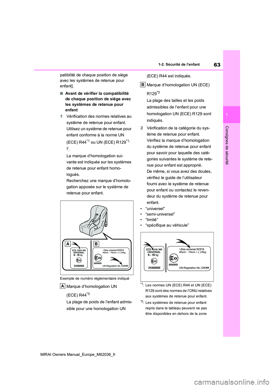 TOYOTA MIRAI 2020  Manuel du propriétaire (in French) 63
1
MIRAI Owners Manual_Europe_M62036_fr
1-2. Sécurité de l’enfant
Consignes de sécurité
patibilité de chaque position de siège  
avec les systèmes de retenue pour 
enfant].
■Avant de vér