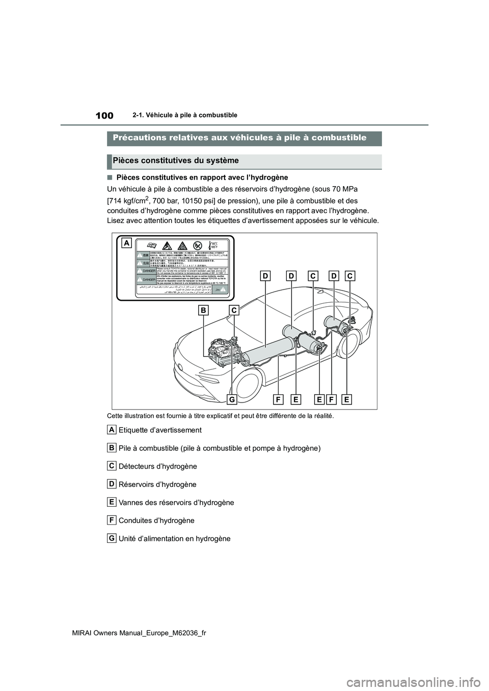 TOYOTA MIRAI 2020  Manuel du propriétaire (in French) 100
MIRAI Owners Manual_Europe_M62036_fr
2-1. Véhicule à pile à combustible
■Pièces constitutives en rapport avec l’hydrogène 
Un véhicule à pile à combustible a des réservoirs d’hydrog