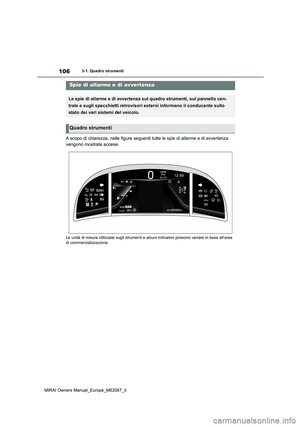 TOYOTA MIRAI 2020  Manuale duso (in Italian) 106
MIRAI Owners Manual_Europe_M62067_it
3-1. Quadro strumenti
3-1.Quadro strumenti
A scopo di chiarezza, nelle figure seguenti tutte le spie di allarme e di avvertenza  
vengono mostrate accese.
Le u