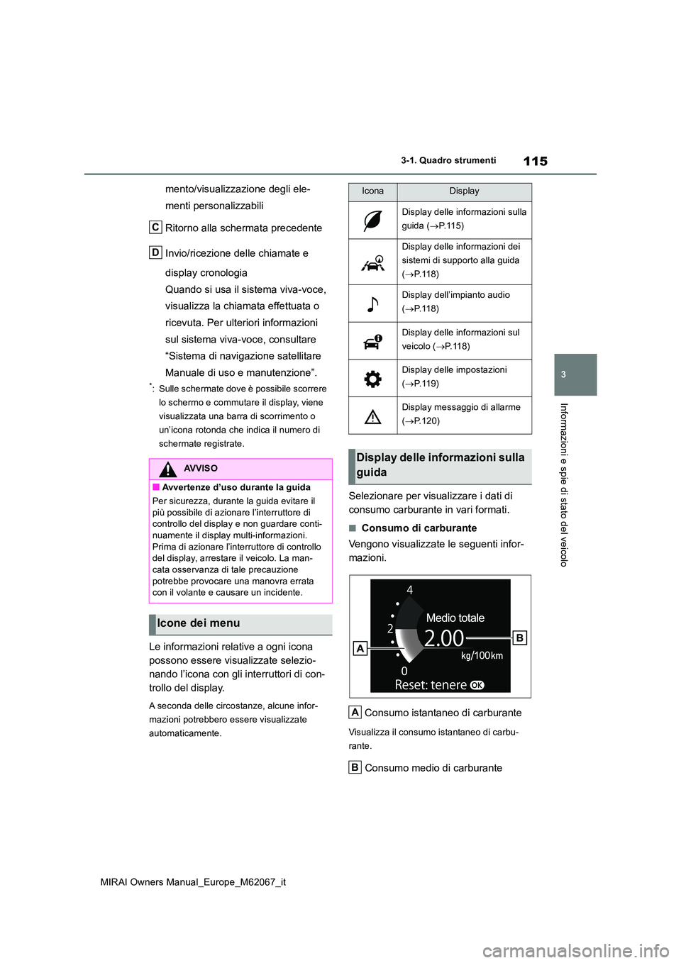 TOYOTA MIRAI 2020  Manuale duso (in Italian) 115
3
MIRAI Owners Manual_Europe_M62067_it
3-1. Quadro strumenti
Informazioni e spie di stato del veicolo
mento/visualizzazione degli ele- 
menti personalizzabili 
Ritorno alla schermata precedente 
I
