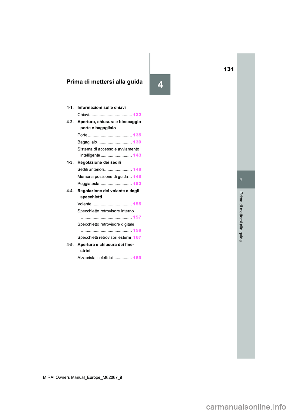 TOYOTA MIRAI 2020  Manuale duso (in Italian) 4
131
MIRAI Owners Manual_Europe_M62067_it
4
Prima di mettersi alla guida
Prima di mettersi alla guida
4-1. Informazioni sulle chiavi 
Chiavi..................................... 132 
4-2. Apertura, c