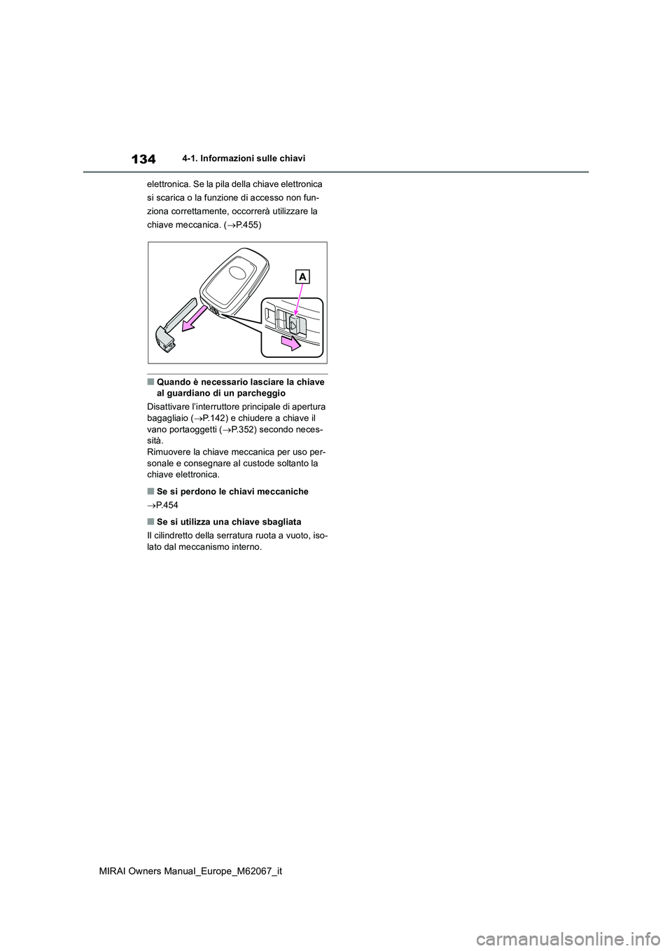 TOYOTA MIRAI 2020  Manuale duso (in Italian) 134
MIRAI Owners Manual_Europe_M62067_it
4-1. Informazioni sulle chiavi 
elettronica. Se la pila della chiave elettronica  
si scarica o la funzione di accesso non fun-
ziona correttamente, occorrerà