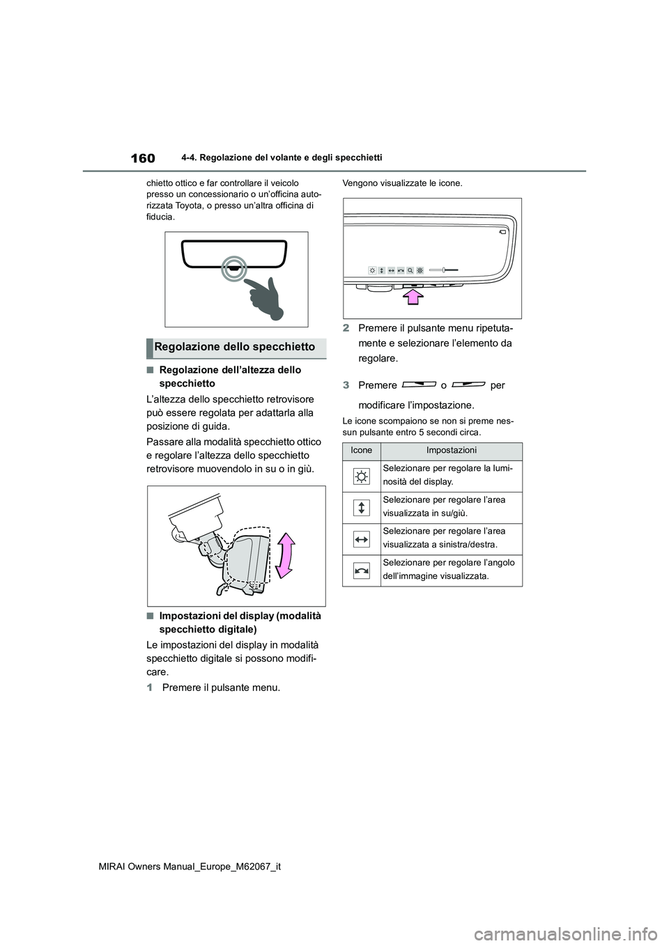 TOYOTA MIRAI 2020  Manuale duso (in Italian) 160
MIRAI Owners Manual_Europe_M62067_it
4-4. Regolazione del volante e degli specchietti 
chietto ottico e far controllare il veicolo  presso un concessionario o un’officina auto-rizzata Toyota, o 