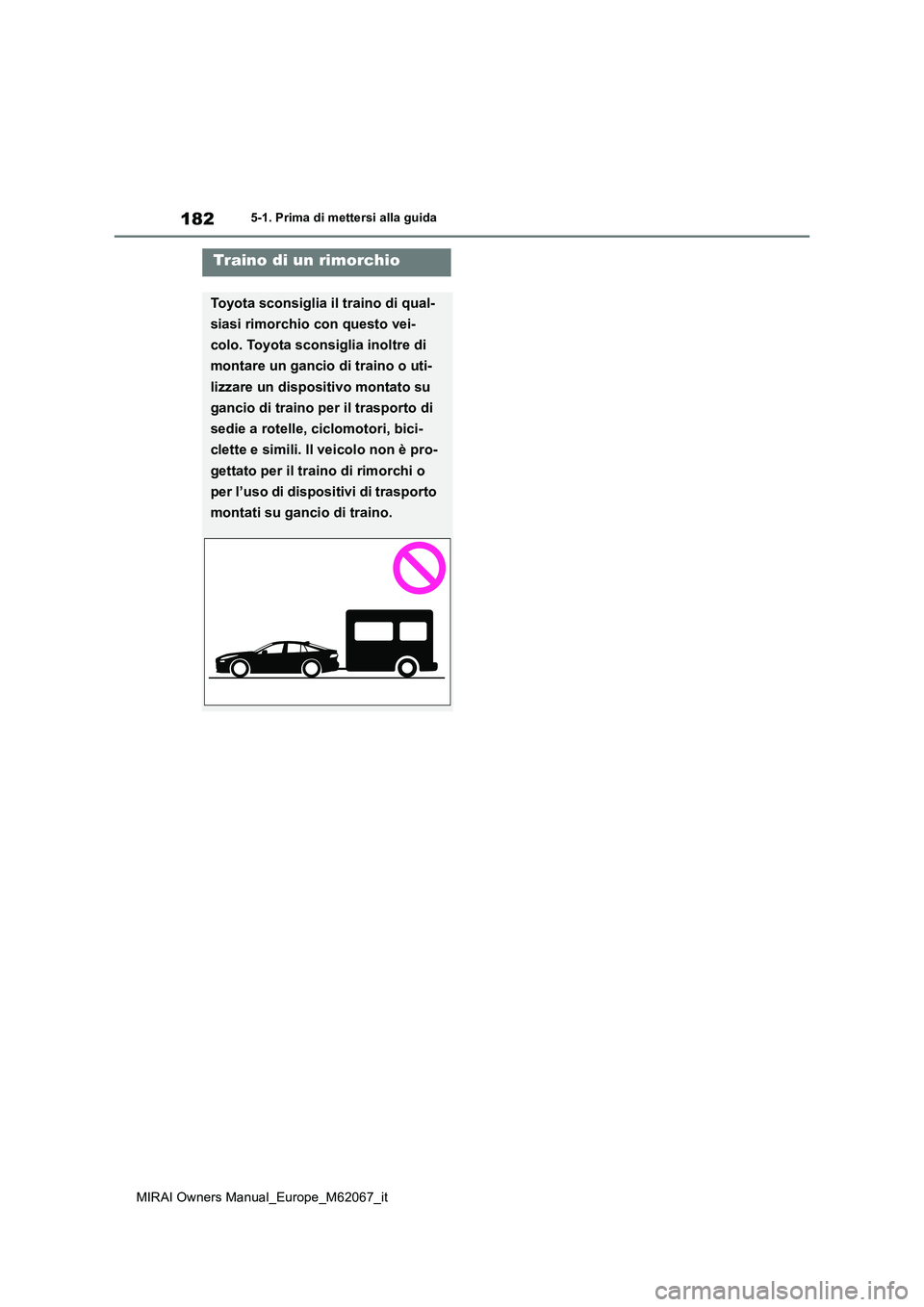 TOYOTA MIRAI 2020  Manuale duso (in Italian) 182
MIRAI Owners Manual_Europe_M62067_it
5-1. Prima di mettersi alla guida
Traino di un rimorchio
Toyota sconsiglia il traino di qual- 
siasi rimorchio con questo vei- 
colo. Toyota sconsiglia inoltre