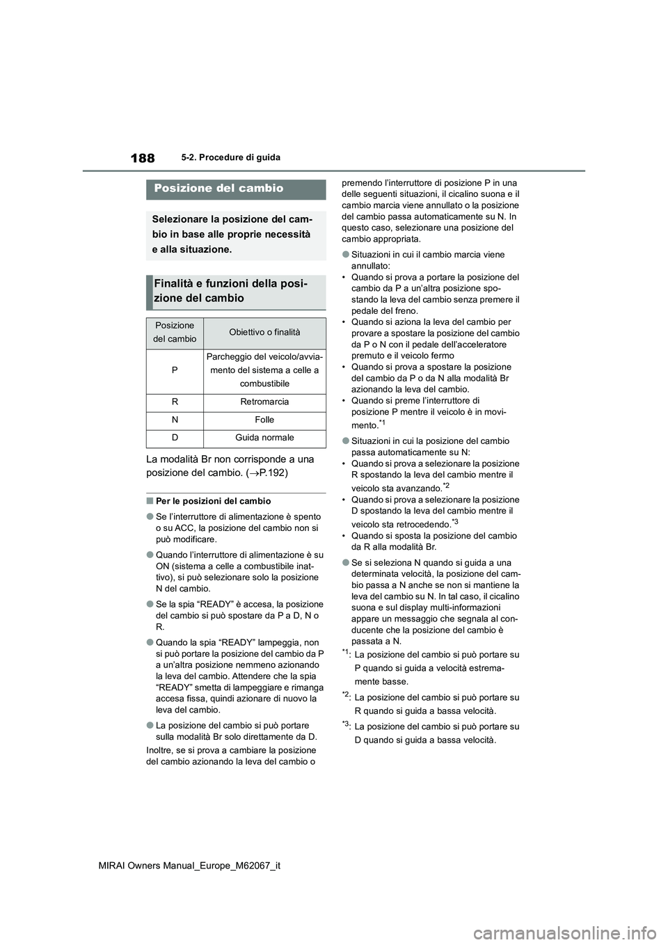 TOYOTA MIRAI 2020  Manuale duso (in Italian) 188
MIRAI Owners Manual_Europe_M62067_it
5-2. Procedure di guida
La modalità Br non corrisponde a una  
posizione del cambio. ( P.192)
■Per le posizioni del cambio
●Se l’interruttore di alim