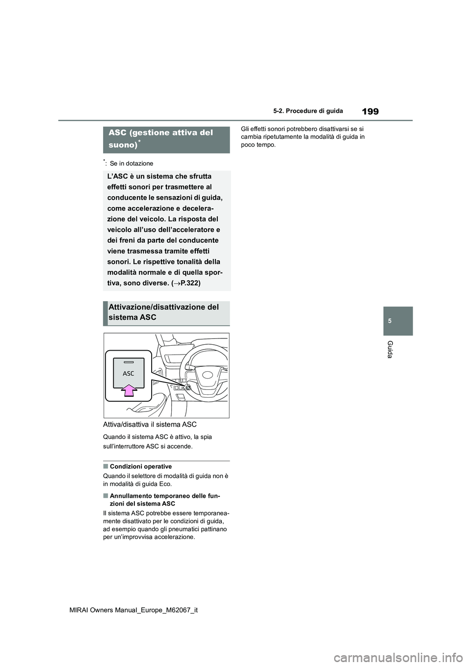 TOYOTA MIRAI 2020  Manuale duso (in Italian) 199
5
MIRAI Owners Manual_Europe_M62067_it
5-2. Procedure di guida
Guida
*: Se in dotazione
Attiva/disattiva il sistema ASC
Quando il sistema ASC è attivo, la spia  
sull’interruttore ASC si  accen