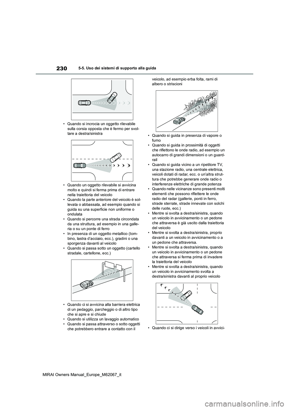 TOYOTA MIRAI 2020  Manuale duso (in Italian) 230
MIRAI Owners Manual_Europe_M62067_it
5-5. Uso dei sistemi di supporto alla guida 
• Quando si incrocia un oggetto rilevabile  sulla corsia opposta che è fermo per svol-tare a destra/sinistra 

