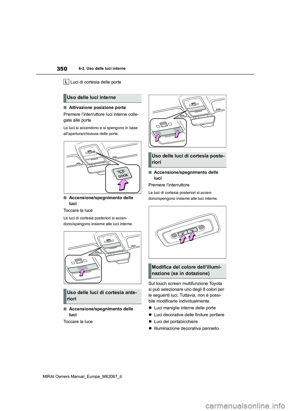TOYOTA MIRAI 2020  Manuale duso (in Italian) 350
MIRAI Owners Manual_Europe_M62067_it
6-2. Uso delle luci interne
Luci di cortesia delle porte
■Attivazione posizione porte 
Premere l’interruttore luci interne colle- 
gate alle porte
Le luci 