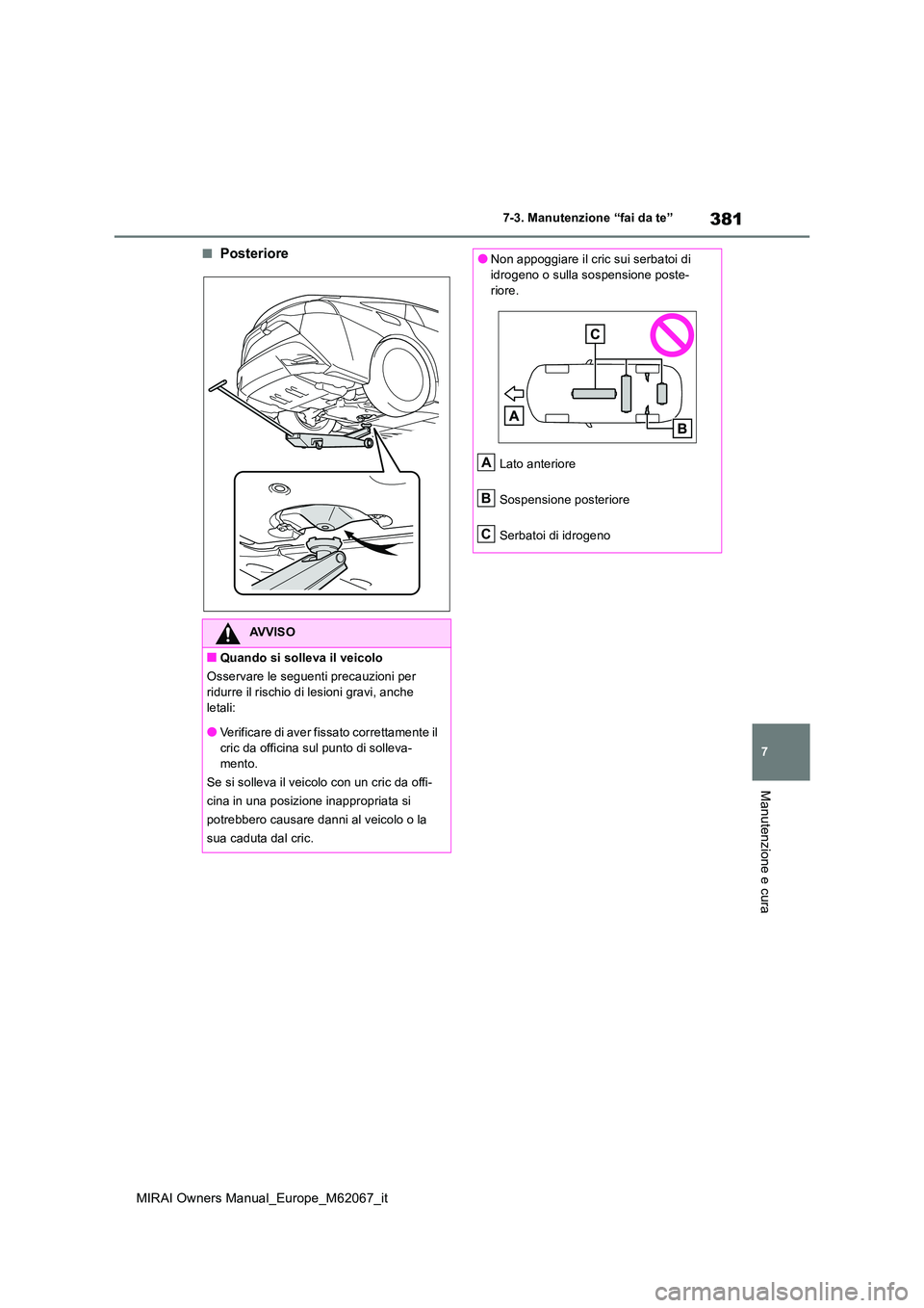 TOYOTA MIRAI 2020  Manuale duso (in Italian) 381
7
MIRAI Owners Manual_Europe_M62067_it
7-3. Manutenzione “fai da te”
Manutenzione e cura
■Posteriore
AVVISO
■Quando si solleva il veicolo 
Osservare le seguenti precauzioni per  
ridurre i