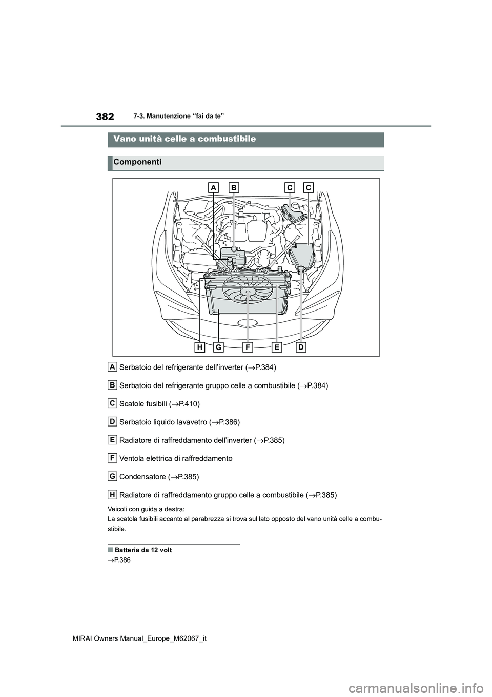 TOYOTA MIRAI 2020  Manuale duso (in Italian) 382
MIRAI Owners Manual_Europe_M62067_it
7-3. Manutenzione “fai da te”
Serbatoio del refrigerante dell’inverter (P.384) 
Serbatoio del refrigerante gruppo celle a combustibile ( P.384) 
Sc