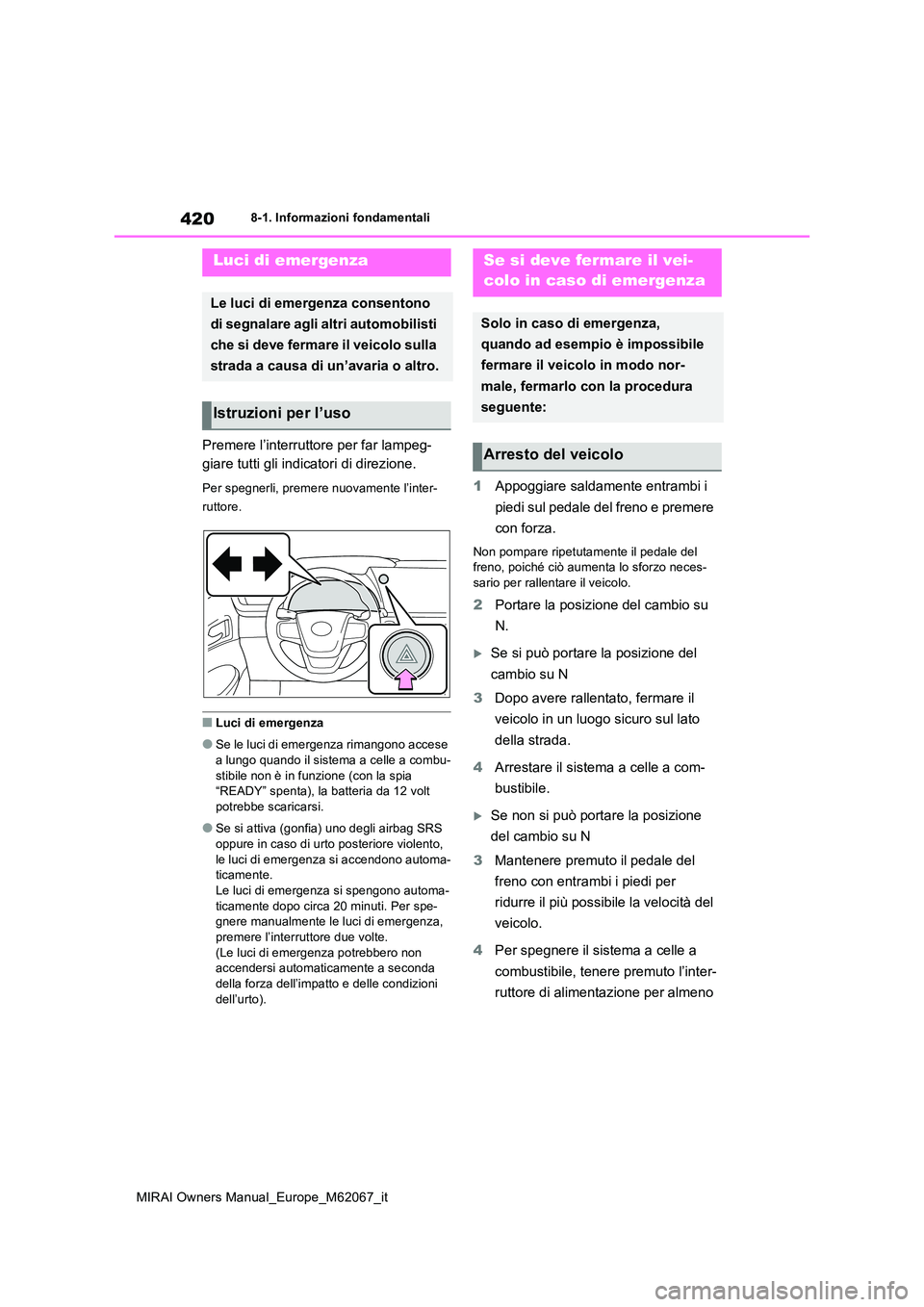 TOYOTA MIRAI 2020  Manuale duso (in Italian) 420
MIRAI Owners Manual_Europe_M62067_it
8-1. Informazioni fondamentali
8-1.In formazioni fond amentali
Premere l’interruttore per far lampeg- 
giare tutti gli indicatori di direzione.
Per spegnerli