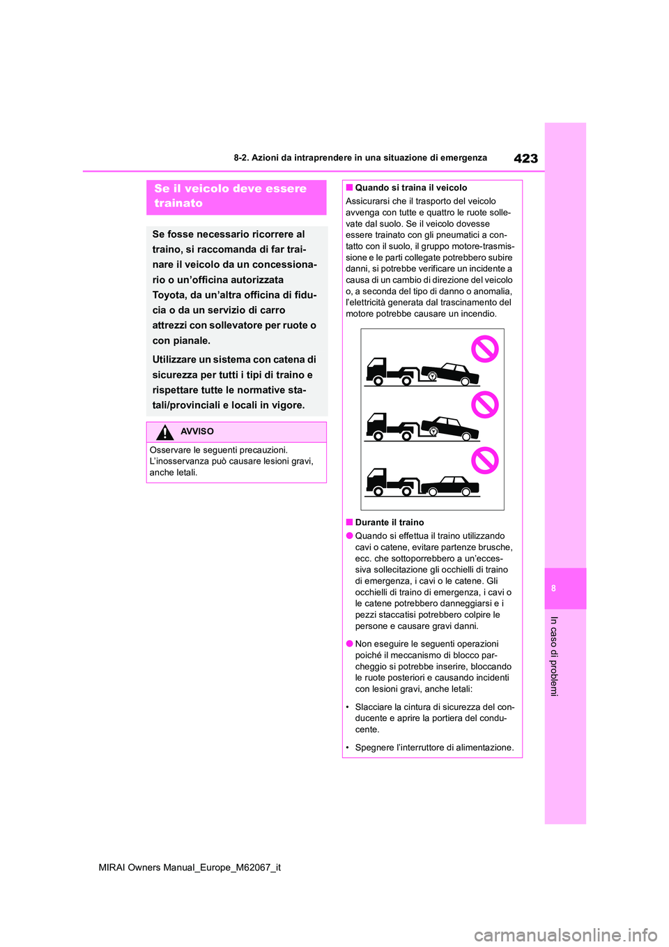 TOYOTA MIRAI 2020  Manuale duso (in Italian) 423
8
MIRAI Owners Manual_Europe_M62067_it
8-2. Azioni da intraprendere in una situazione di emergenza
In caso di problemi
8-2.Azioni d a intra pren dere in  una  situazione  di  emergenzaSe il veicol