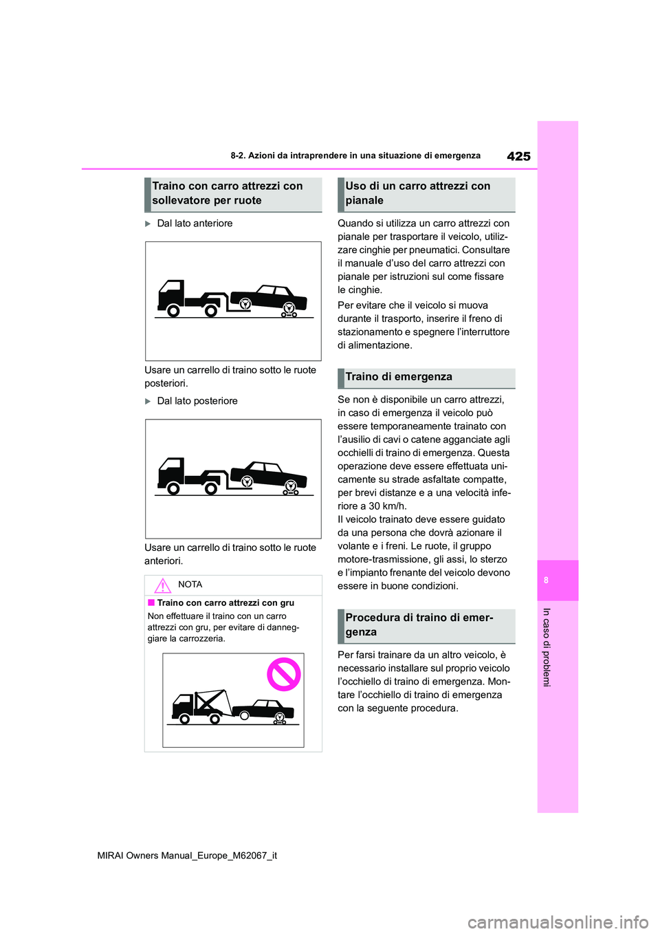 TOYOTA MIRAI 2020  Manuale duso (in Italian) 425
8
MIRAI Owners Manual_Europe_M62067_it
8-2. Azioni da intraprendere in una situazione di emergenza
In caso di problemi
Dal lato anteriore 
Usare un carrello di traino sotto le ruote  
posterior